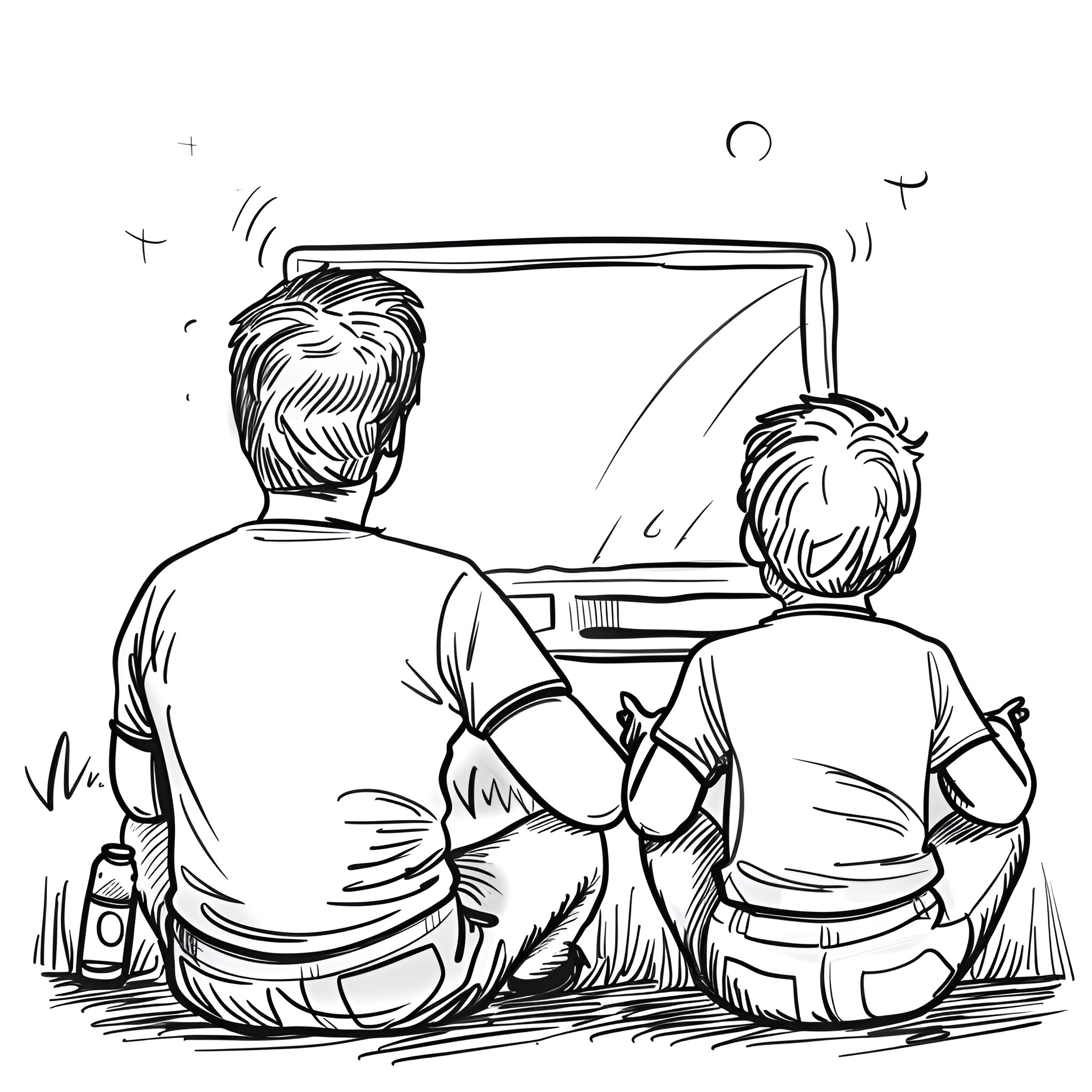 Father's Day watching TV together Drawing Idea (free black-and-white line drawing printable PDF for all, from beginners to advanced learners, including children, teens, adults, and seniors)