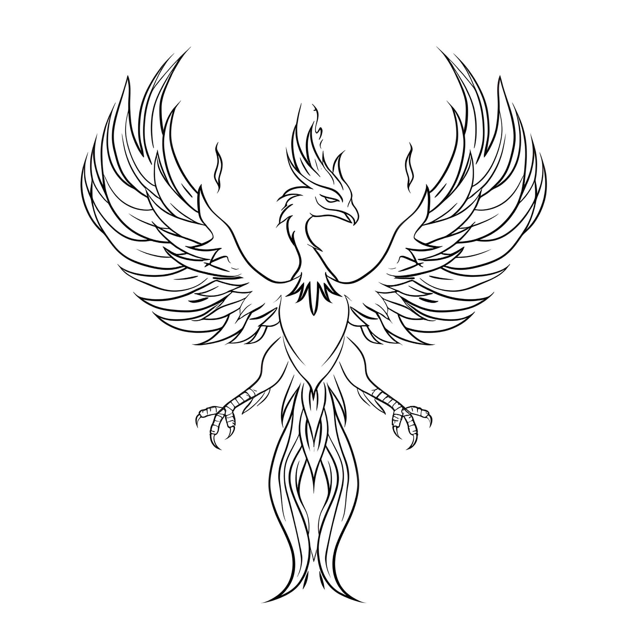 Tattoo Sketch of a Majestic Phoenix Drawing Idea (free black-and-white line drawing printable PDF for all, from beginners to advanced learners, including children, teens, adults, and seniors)