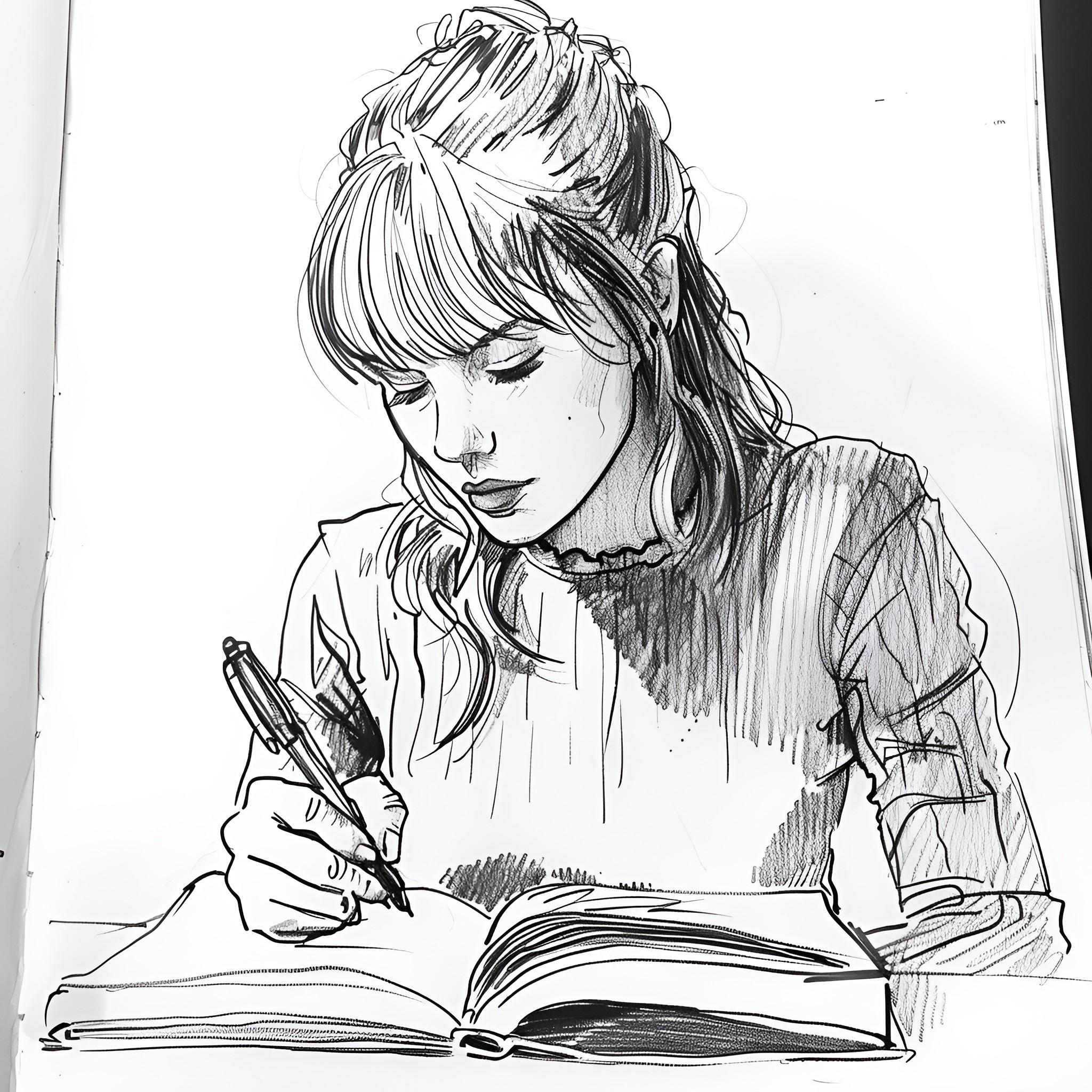 Taylor Swift contemplating in a sketch Drawing Idea (free black-and-white line drawing printable PDF for all, from beginners to advanced learners, including children, teens, adults, and seniors)
