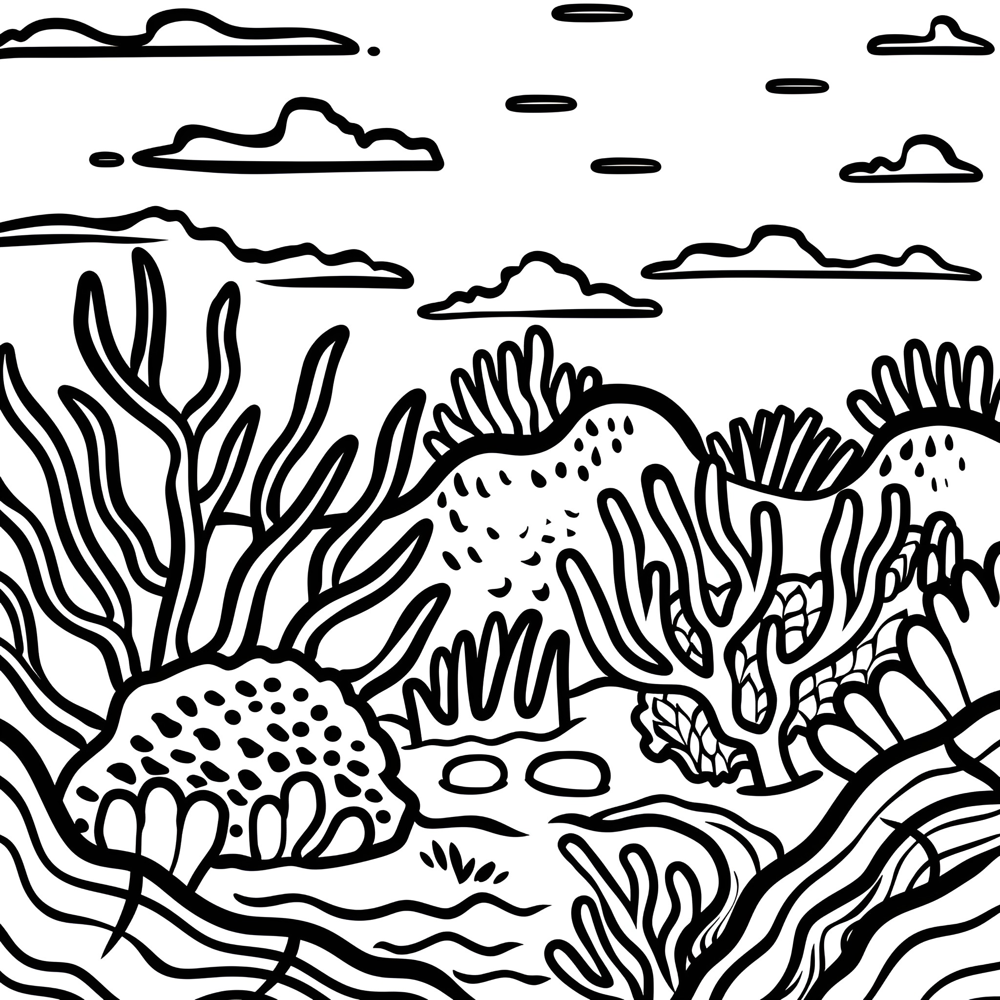 Landscape of organic underwater formations Drawing Idea (free black-and-white line drawing printable PDF for all, from beginners to advanced learners, including children, teens, adults, and seniors)