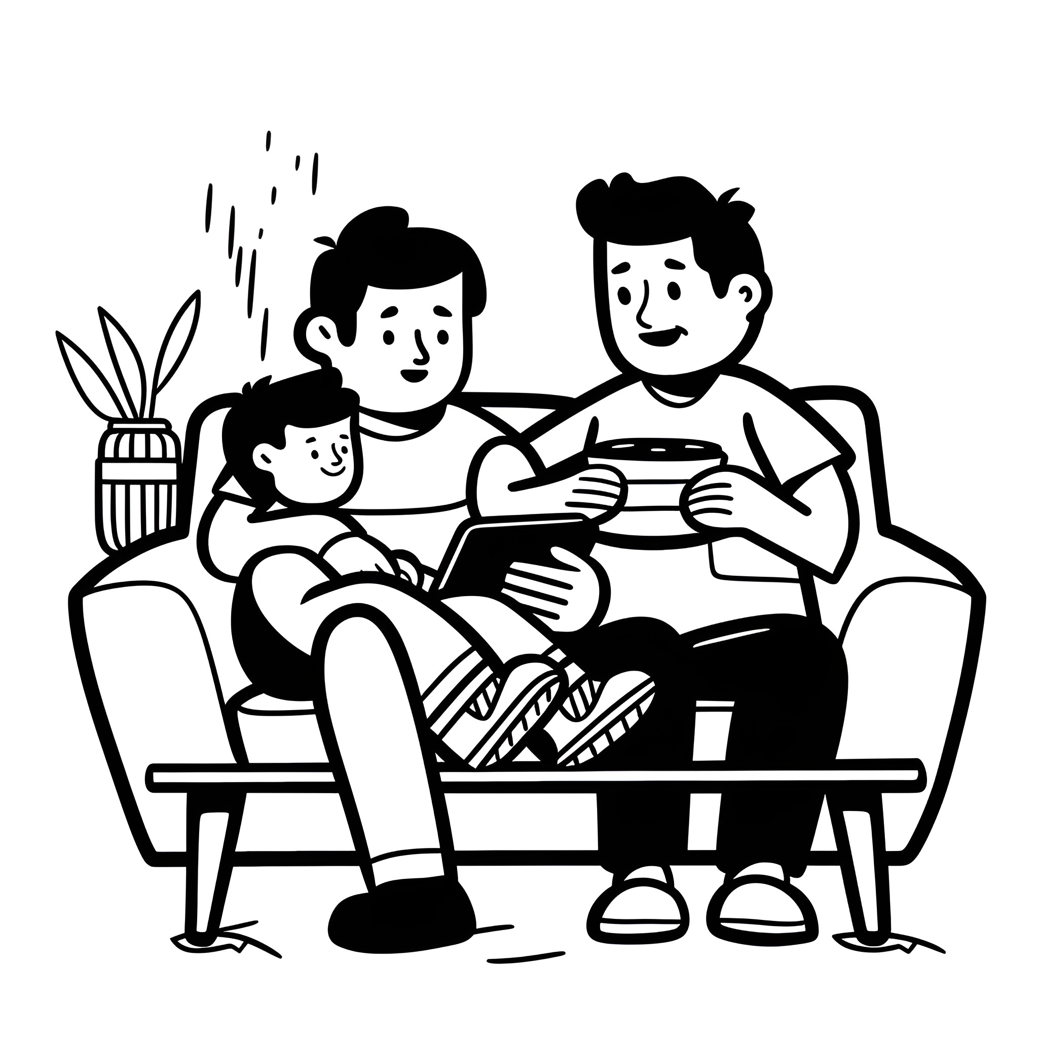Father's Day relaxing with family Drawing Idea (free black-and-white line drawing printable PDF for all, from beginners to advanced learners, including children, teens, adults, and seniors)