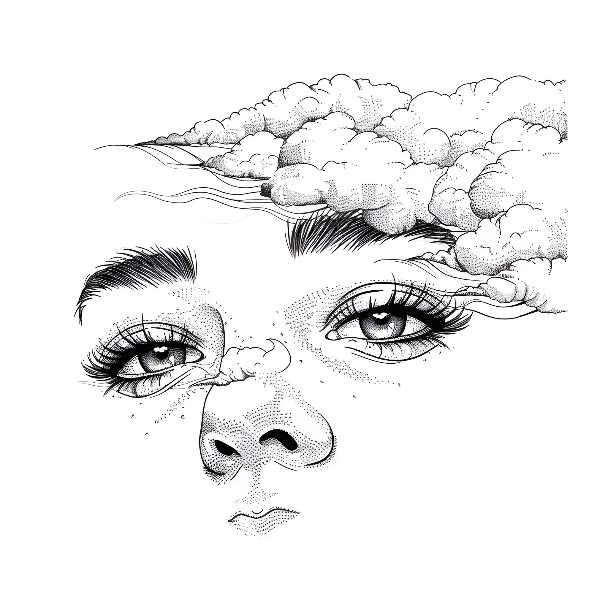 Eyes peering through cloudy skies Drawing Idea (free black-and-white line drawing printable PDF for all, from beginners to advanced learners, including children, teens, adults, and seniors)