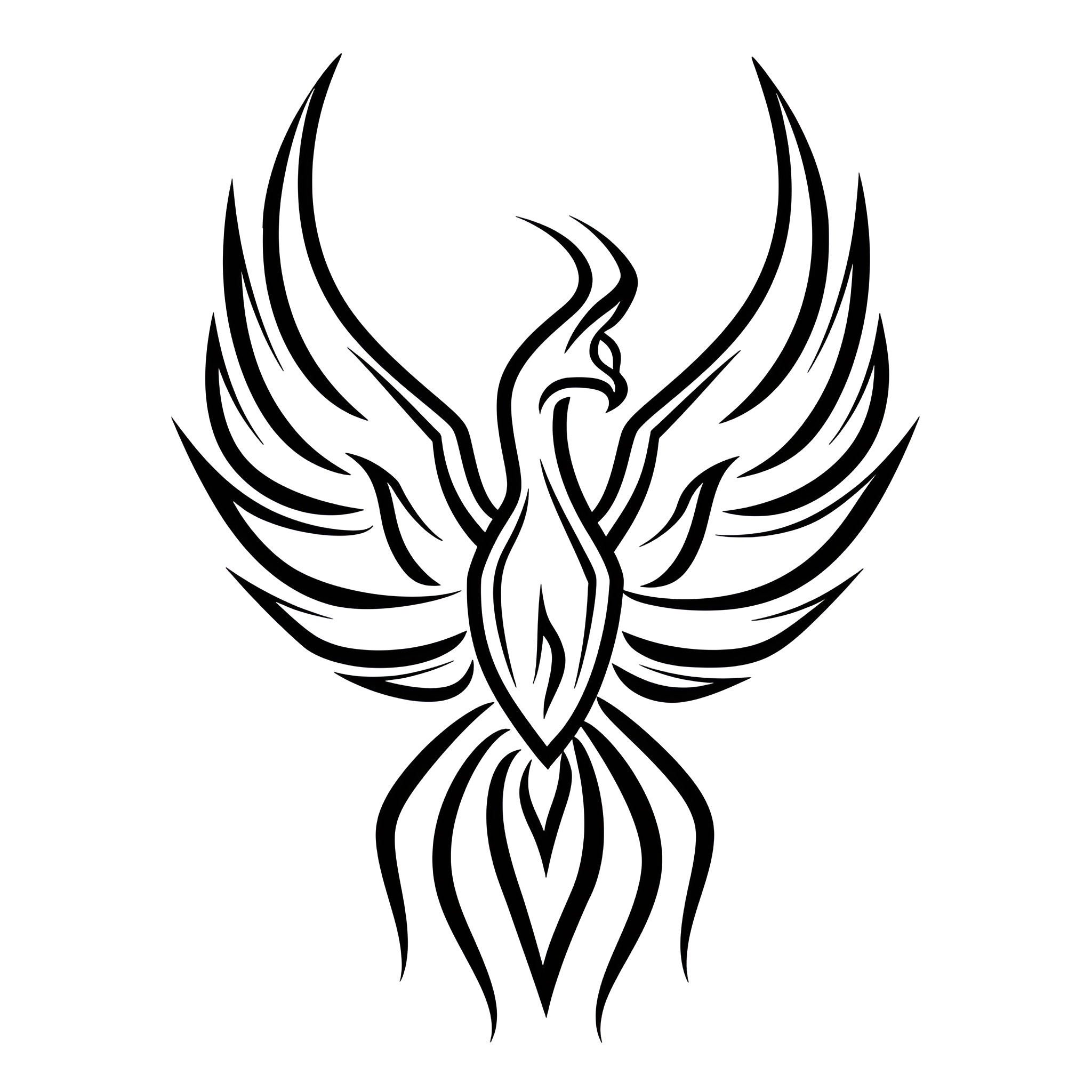 Tattoo Sketch of a Majestic Phoenix Drawing Idea (free black-and-white line drawing printable PDF for all, from beginners to advanced learners, including children, teens, adults, and seniors)
