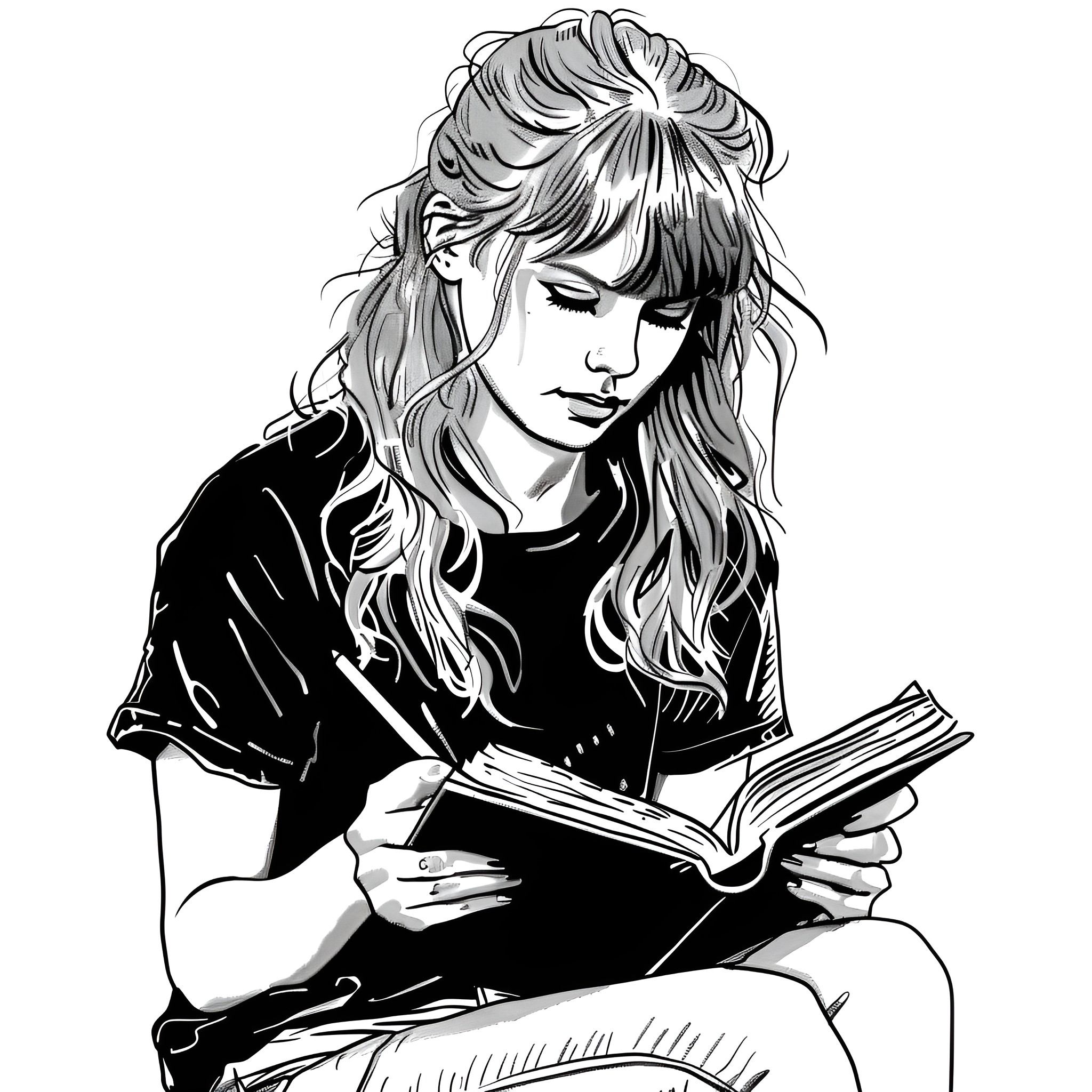 Taylor Swift reading a book intently Drawing Idea (free black-and-white line drawing printable PDF for all, from beginners to advanced learners, including children, teens, adults, and seniors)