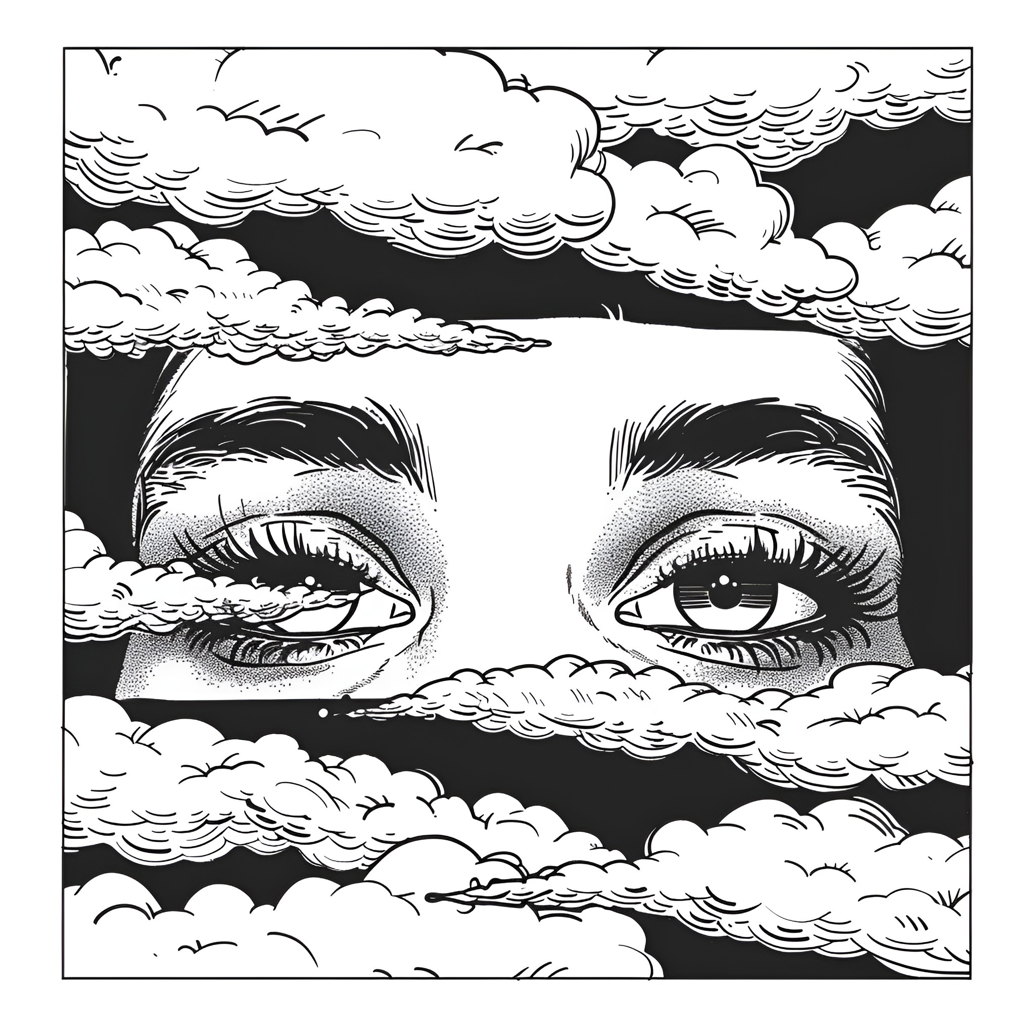 Eyes gazing through the clouds Drawing Idea (free black-and-white line drawing printable PDF for all, from beginners to advanced learners, including children, teens, adults, and seniors)