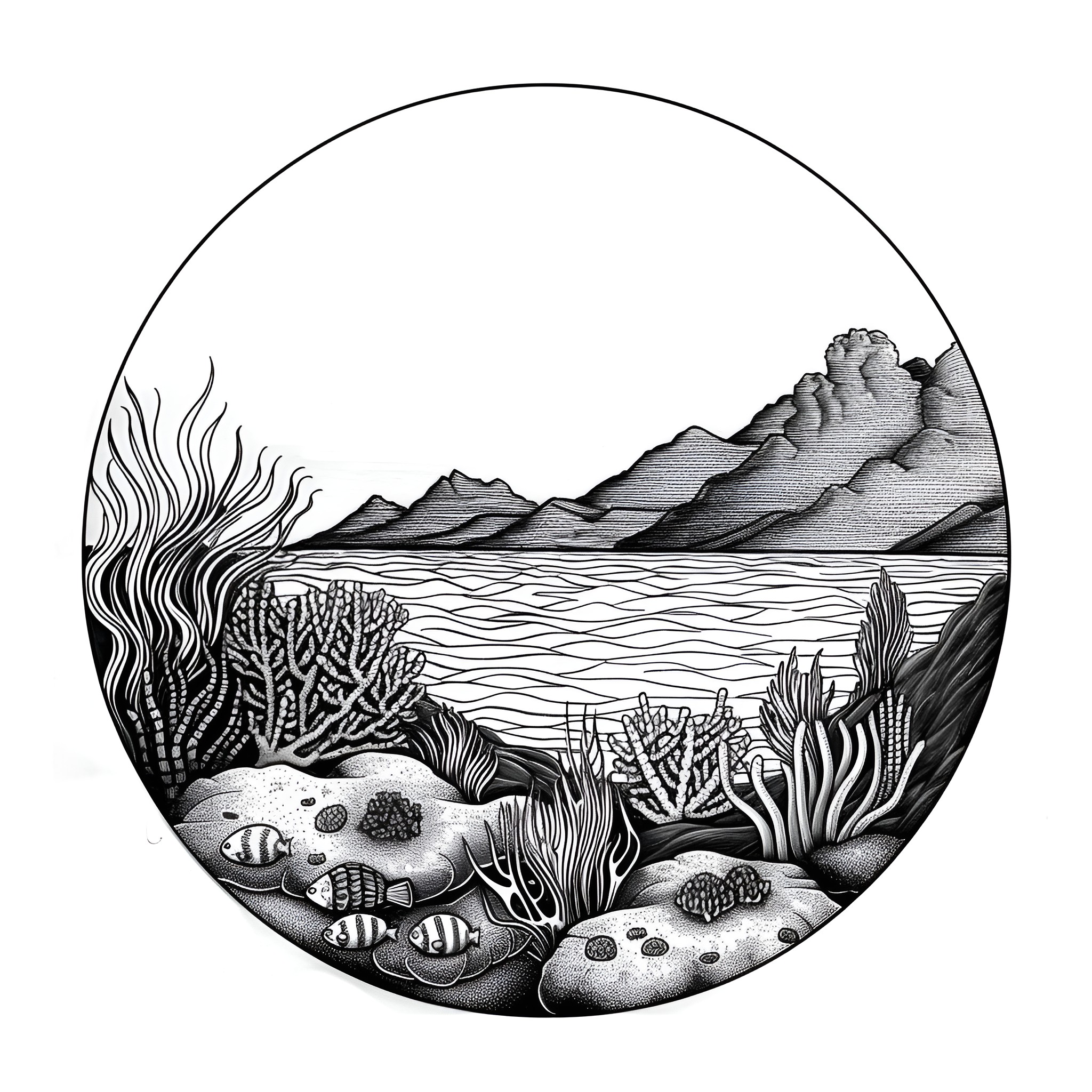 Landscape with underwater marine life Drawing Idea (free black-and-white line drawing printable PDF for all, from beginners to advanced learners, including children, teens, adults, and seniors)