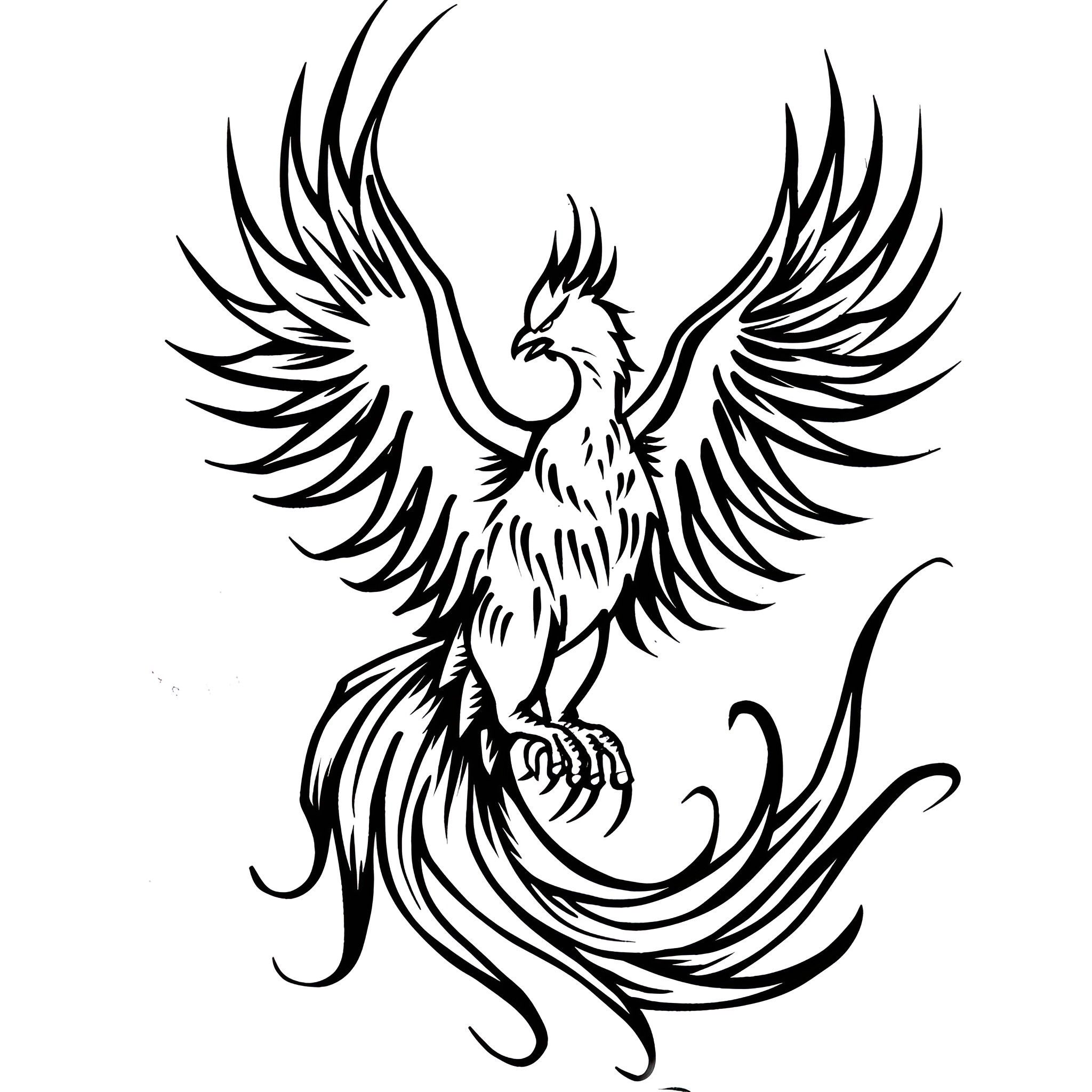 Tattoo Sketch of Powerful Phoenix Drawing Idea (free black-and-white line drawing printable PDF for all, from beginners to advanced learners, including children, teens, adults, and seniors)