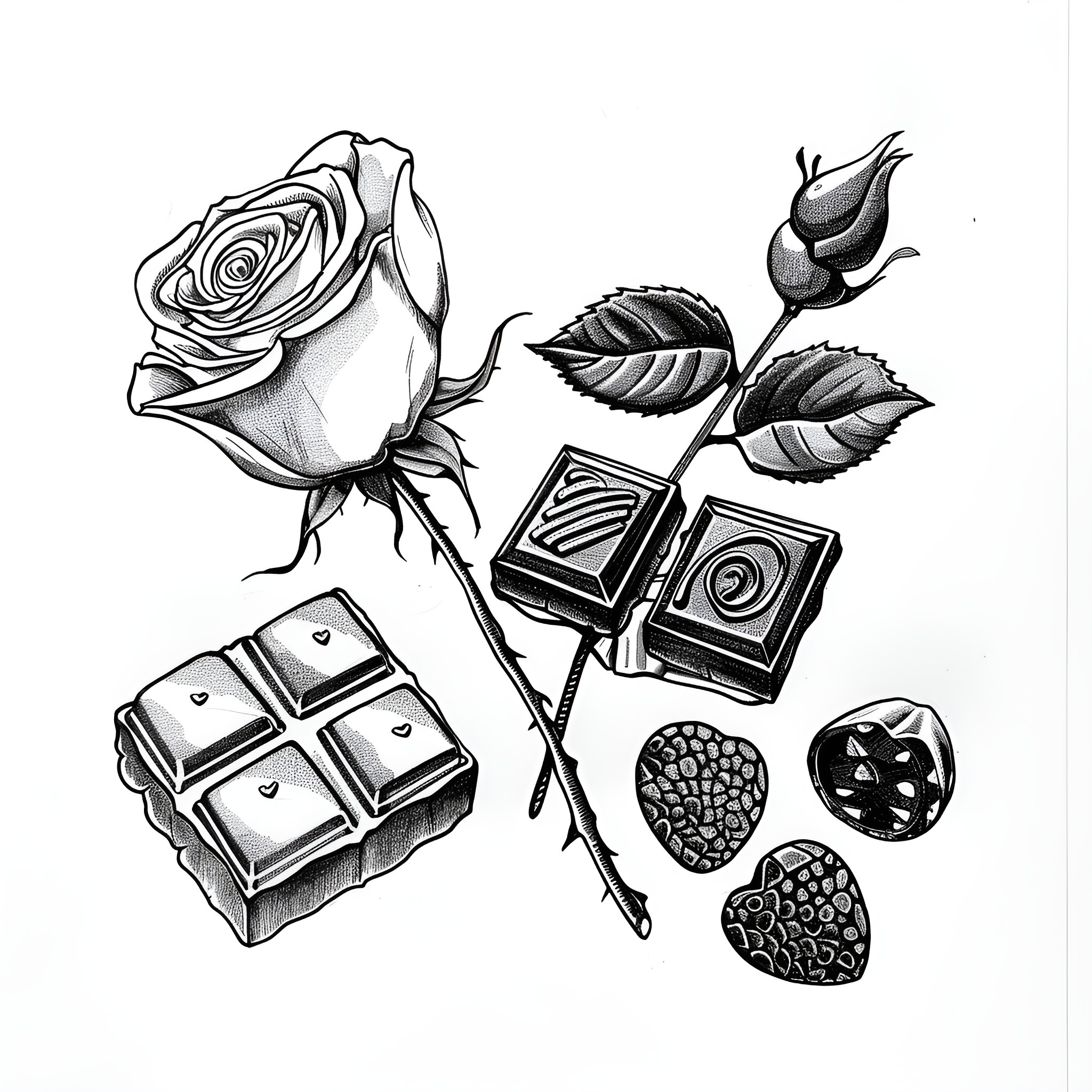 Valentine's Day romantic treats and floral delight Drawing Idea (free black-and-white line drawing printable PDF for all, from beginners to advanced learners, including children, teens, adults, and seniors)