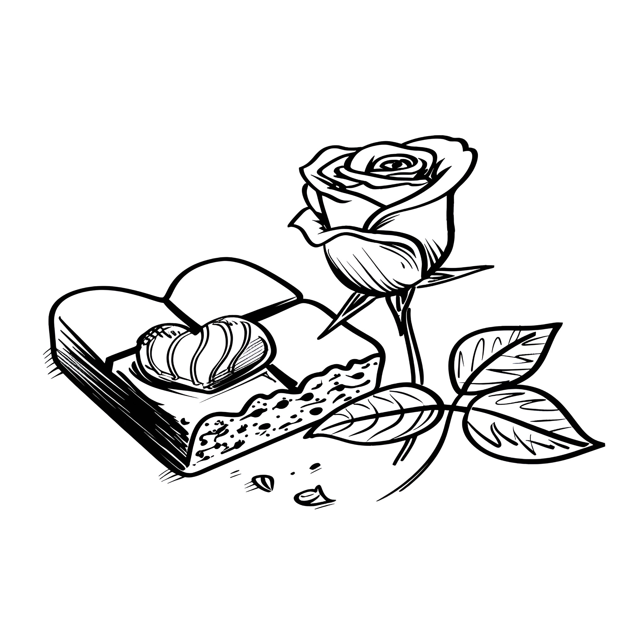 Valentine's Day romantic rose and treats Drawing Idea (free black-and-white line drawing printable PDF for all, from beginners to advanced learners, including children, teens, adults, and seniors)