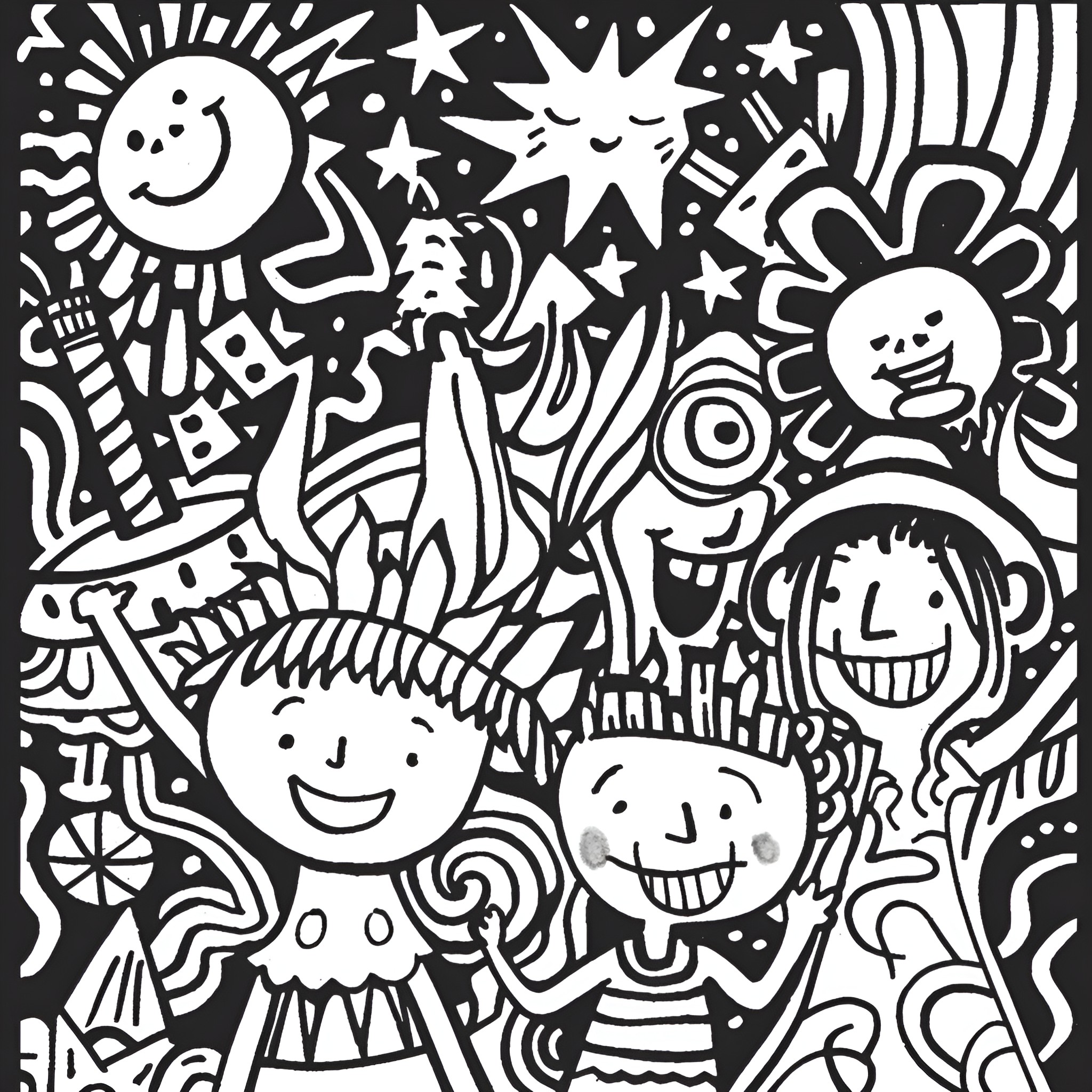 Trippy Whimsical Characters and Shapes Drawing Idea (free black-and-white line drawing printable PDF for all, from beginners to advanced learners, including children, teens, adults, and seniors)
