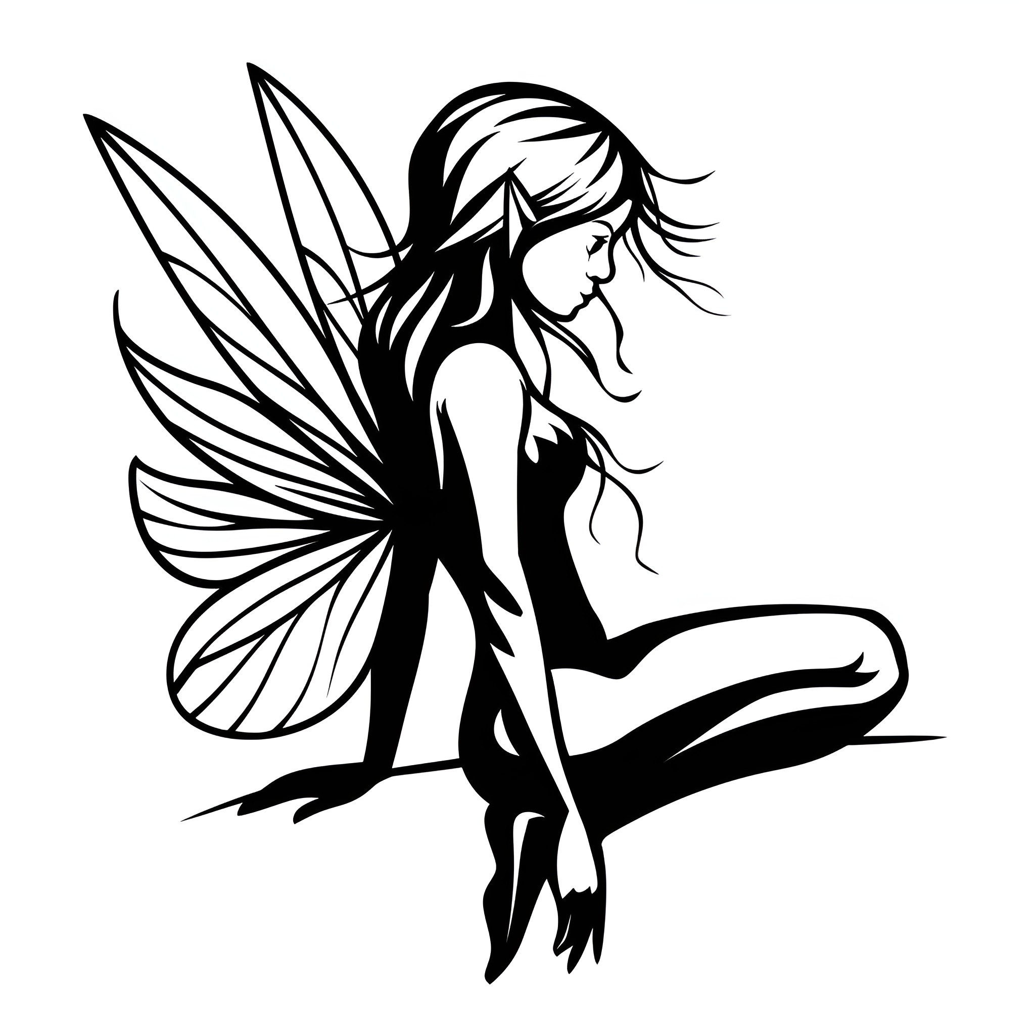 Tattoo Sketch of a Fairy in Flowing Dress Drawing Idea (free black-and-white line drawing printable PDF for all, from beginners to advanced learners, including children, teens, adults, and seniors)