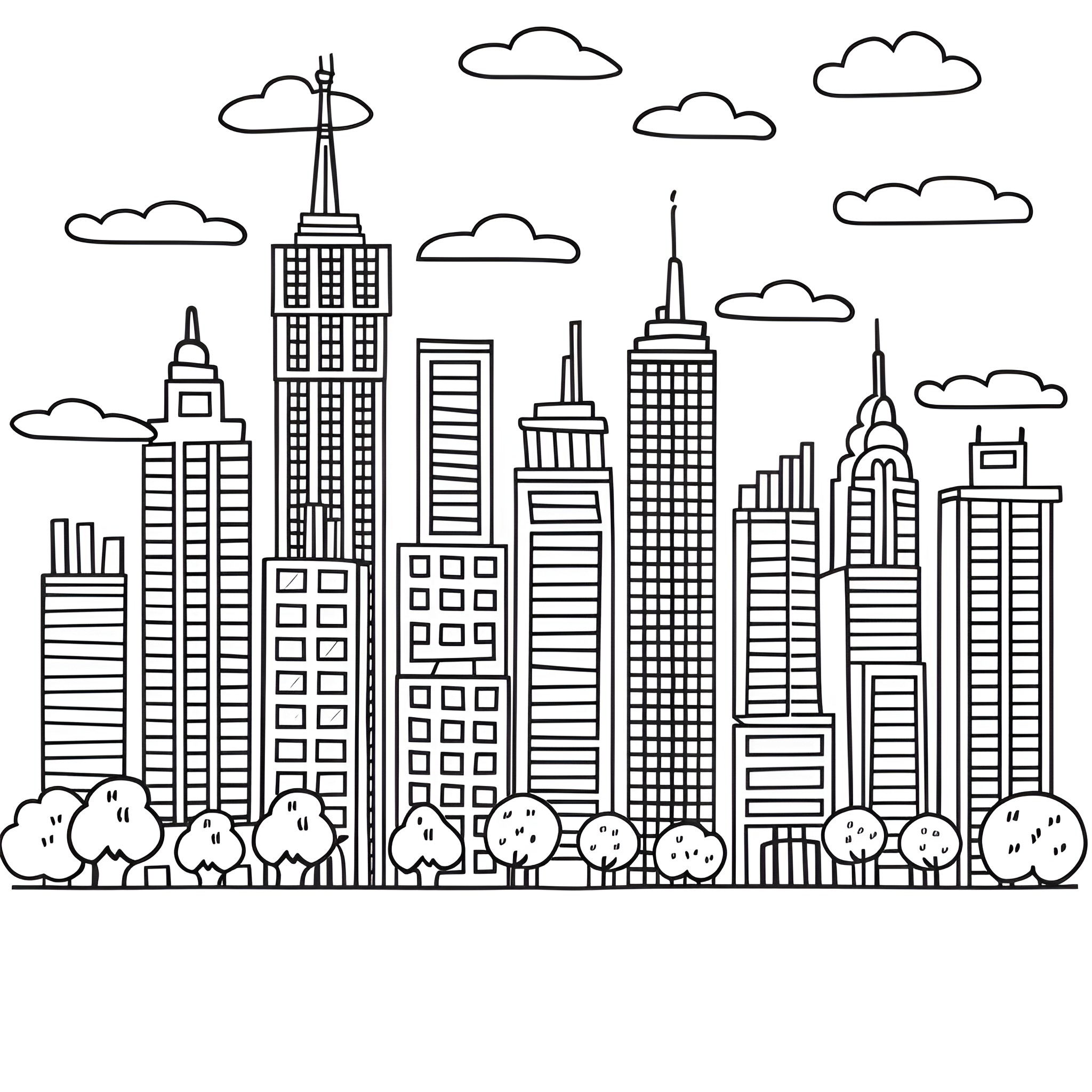 Landscape of tall city buildings Drawing Idea (free black-and-white line drawing printable PDF for all, from beginners to advanced learners, including children, teens, adults, and seniors)