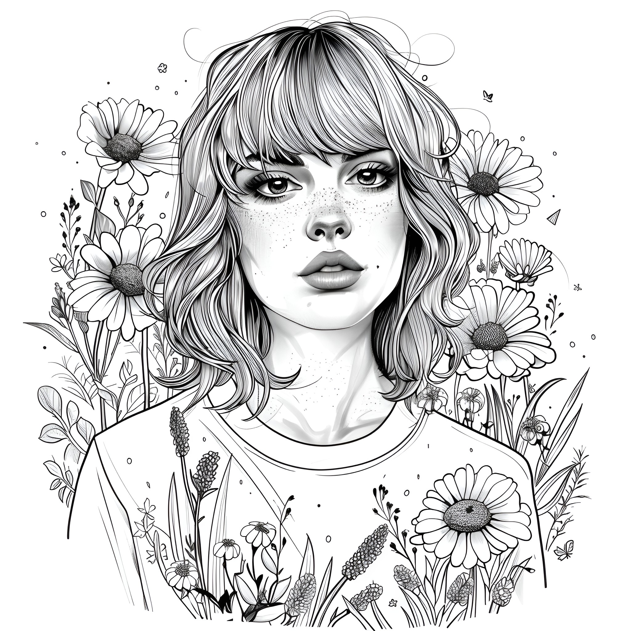 Taylor Swift in a flowery portrait Drawing Idea (free black-and-white line drawing printable PDF for all, from beginners to advanced learners, including children, teens, adults, and seniors)