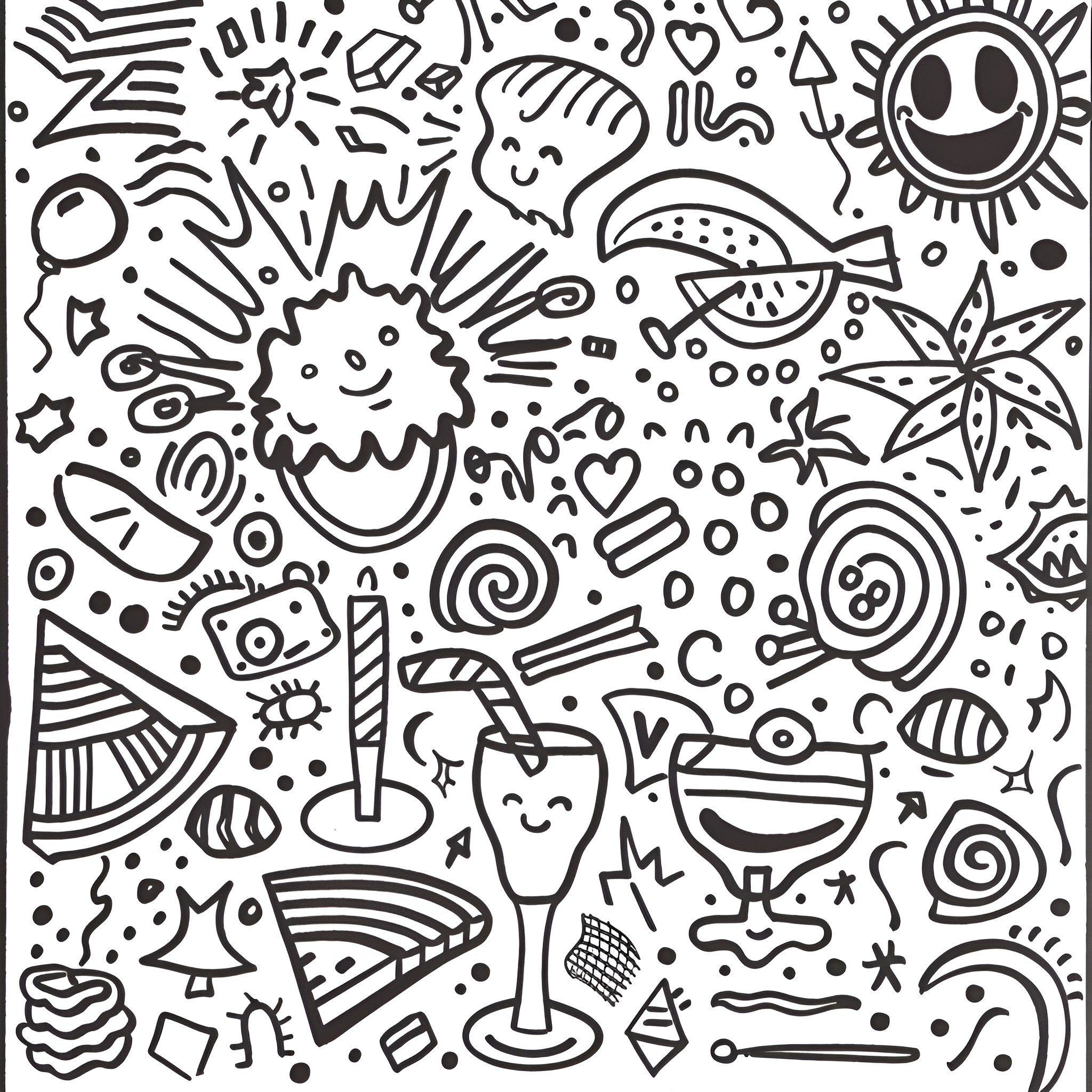 Trippy Doodle Wonderland Drawing Idea (free black-and-white line drawing printable PDF for all, from beginners to advanced learners, including children, teens, adults, and seniors)