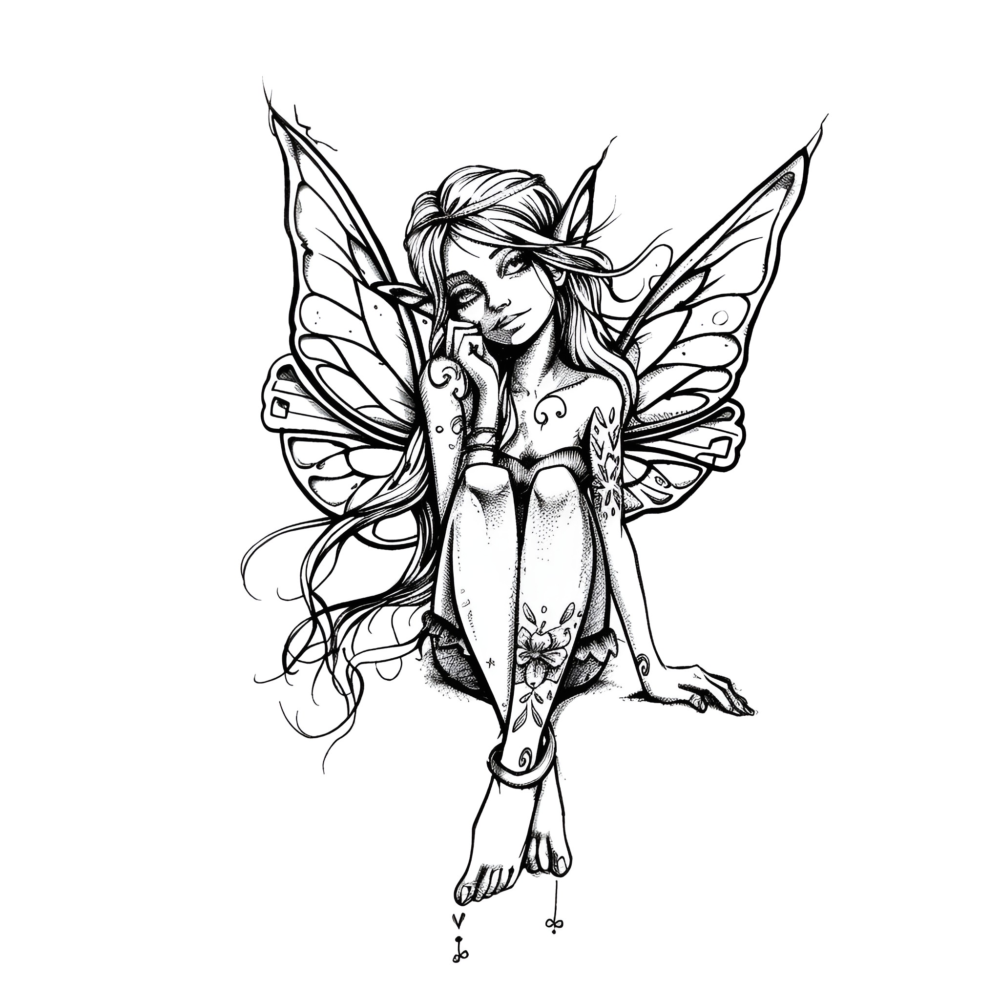 Tattoo Sketch of Fairy with Intricate Designs Drawing Idea (free black-and-white line drawing printable PDF for all, from beginners to advanced learners, including children, teens, adults, and seniors)