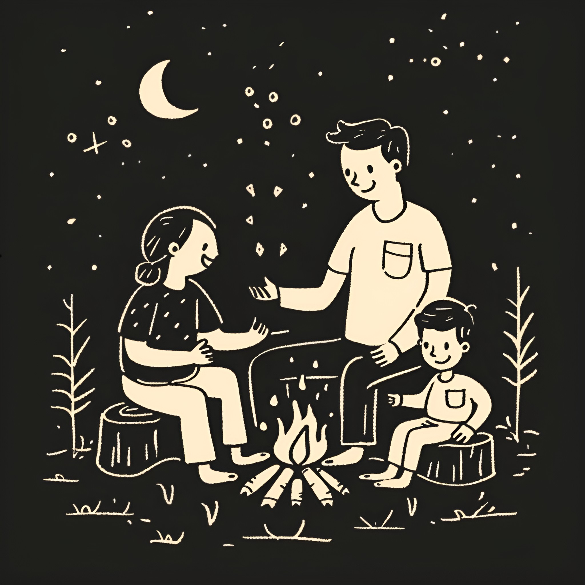 Father's Day gathering under the night sky Drawing Idea (free black-and-white line drawing printable PDF for all, from beginners to advanced learners, including children, teens, adults, and seniors)