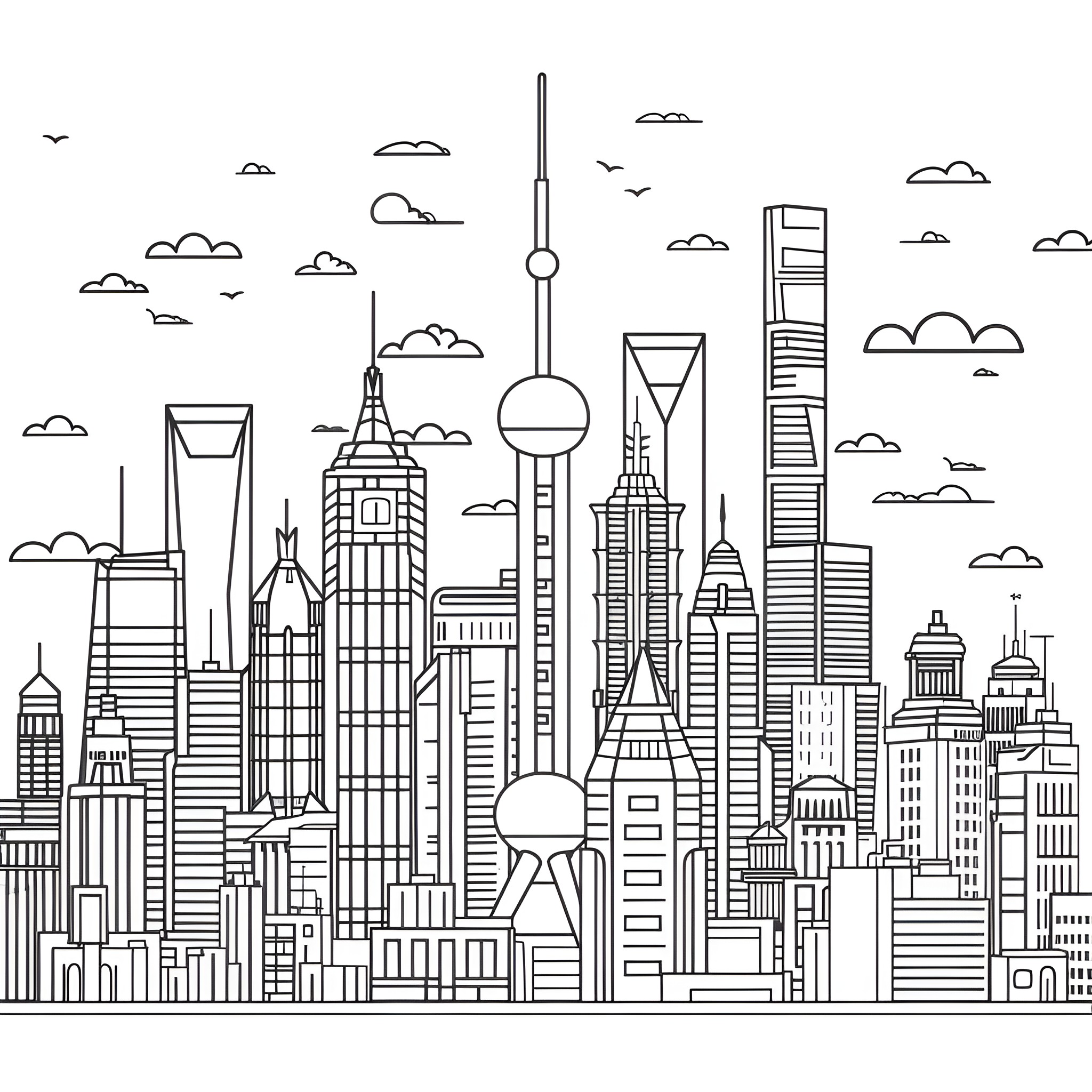 Landscape of a bustling city skyline Drawing Idea (free black-and-white line drawing printable PDF for all, from beginners to advanced learners, including children, teens, adults, and seniors)