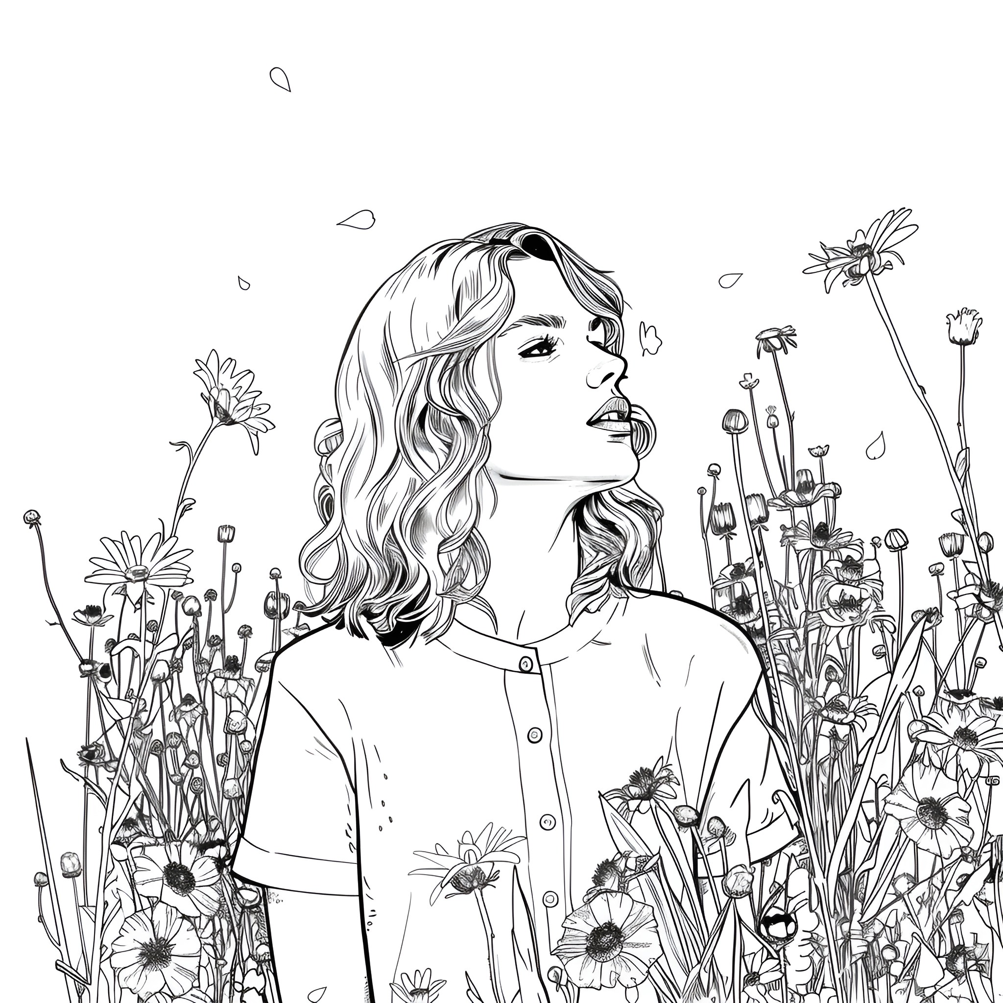 Taylor Swift surrounded by whimsical flowers Drawing Idea (free black-and-white line drawing printable PDF for all, from beginners to advanced learners, including children, teens, adults, and seniors)