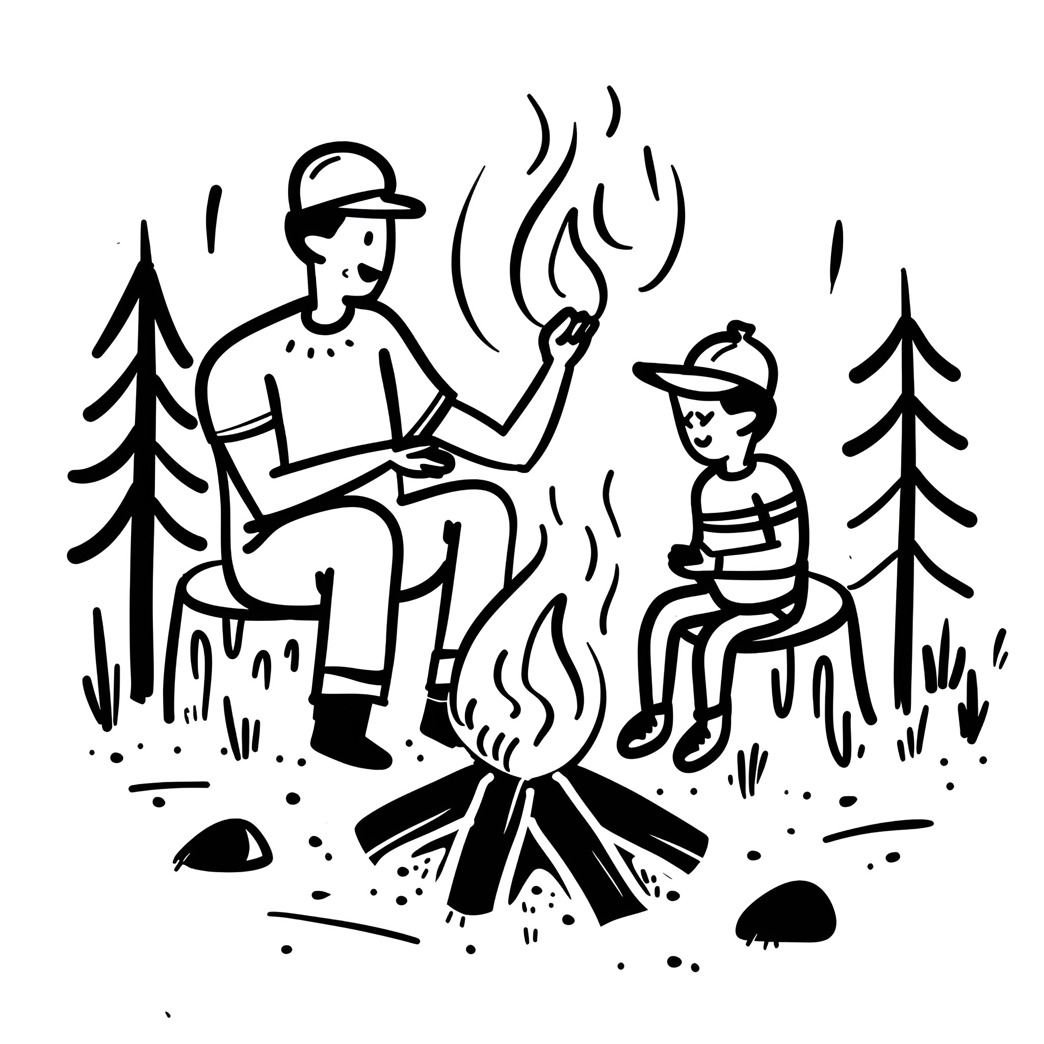 Father's Day bonding over campfire Drawing Idea (free black-and-white line drawing printable PDF for all, from beginners to advanced learners, including children, teens, adults, and seniors)