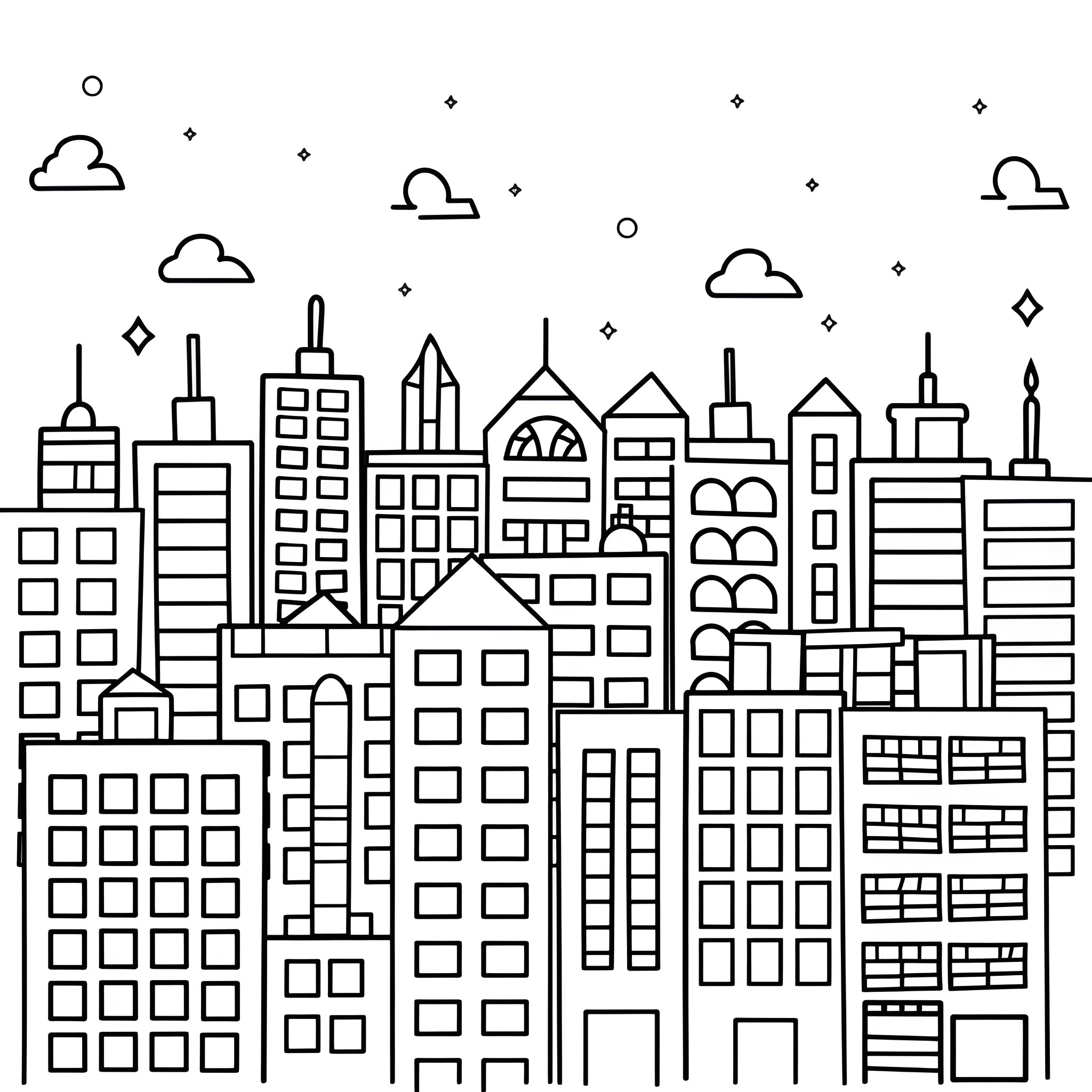 Landscape of a busy city skyline Drawing Idea (free black-and-white line drawing printable PDF for all, from beginners to advanced learners, including children, teens, adults, and seniors)