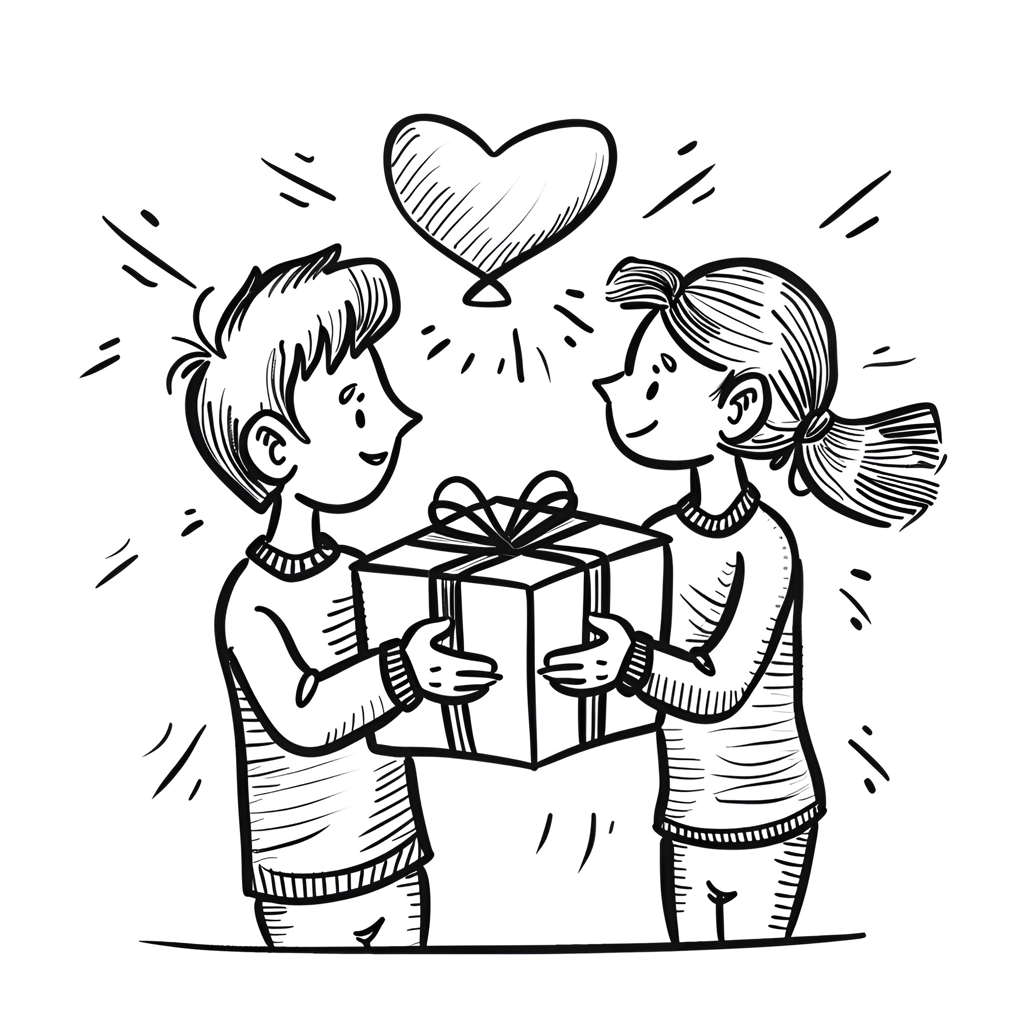 Valentine's Day Couple Exchanging Gifts Drawing Idea (free black-and-white line drawing printable PDF for all, from beginners to advanced learners, including children, teens, adults, and seniors)