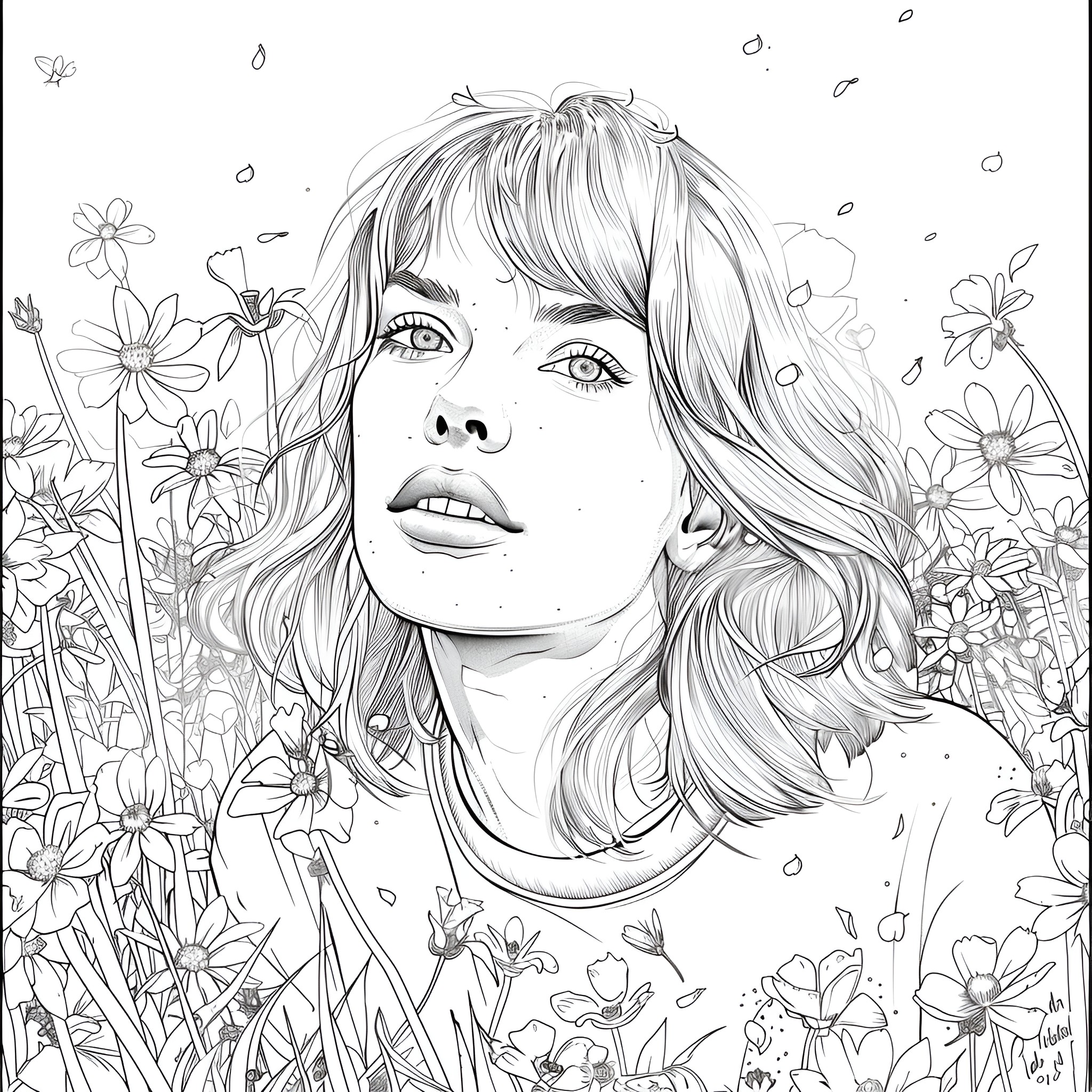 Taylor Swift surrounded by whimsical flowers Drawing Idea (free black-and-white line drawing printable PDF for all, from beginners to advanced learners, including children, teens, adults, and seniors)