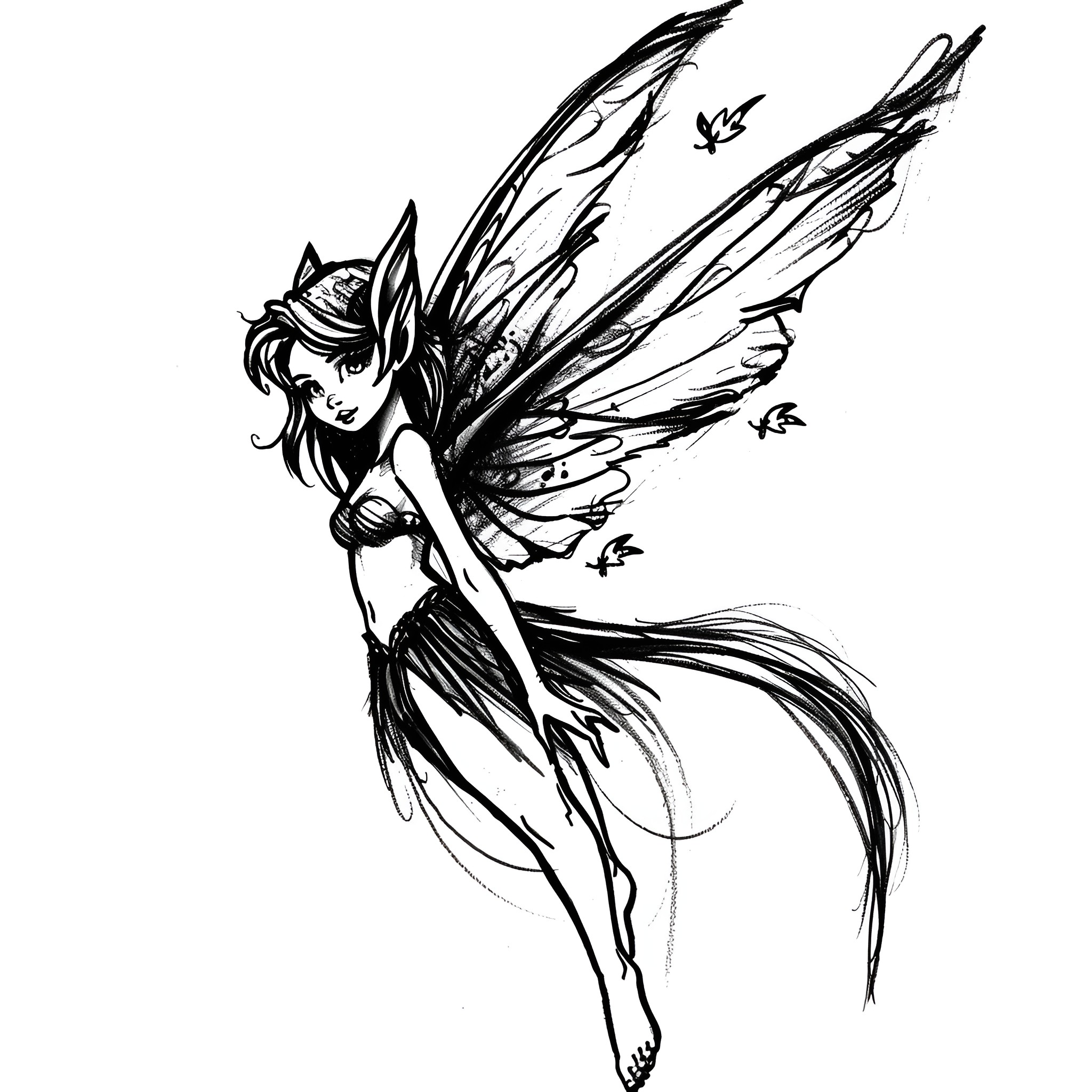 Tattoo Sketch of Winged Fairy in Flight Drawing Idea (free black-and-white line drawing printable PDF for all, from beginners to advanced learners, including children, teens, adults, and seniors)