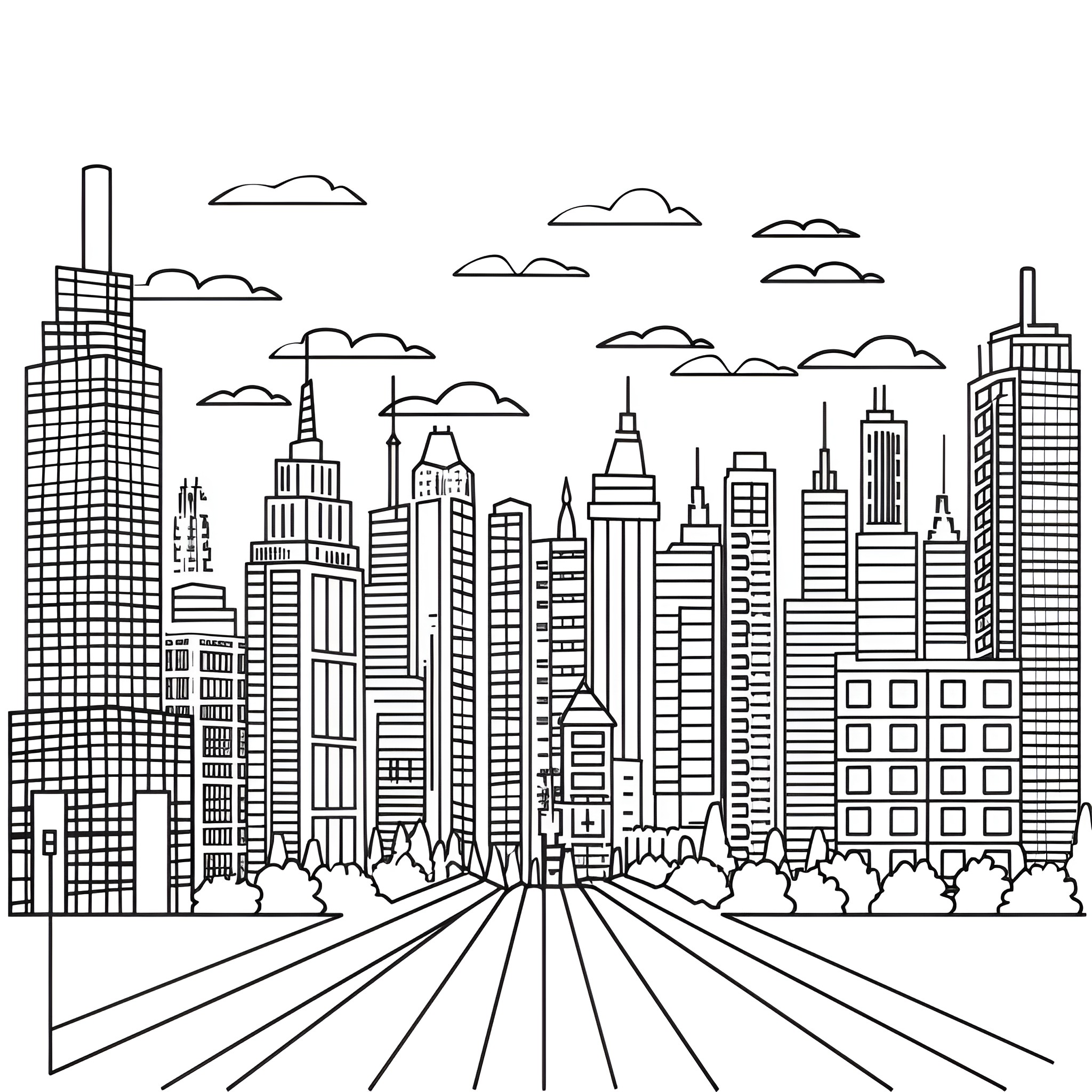 Landscape of urban cityscape with skyscrapers Drawing Idea (free black-and-white line drawing printable PDF for all, from beginners to advanced learners, including children, teens, adults, and seniors)