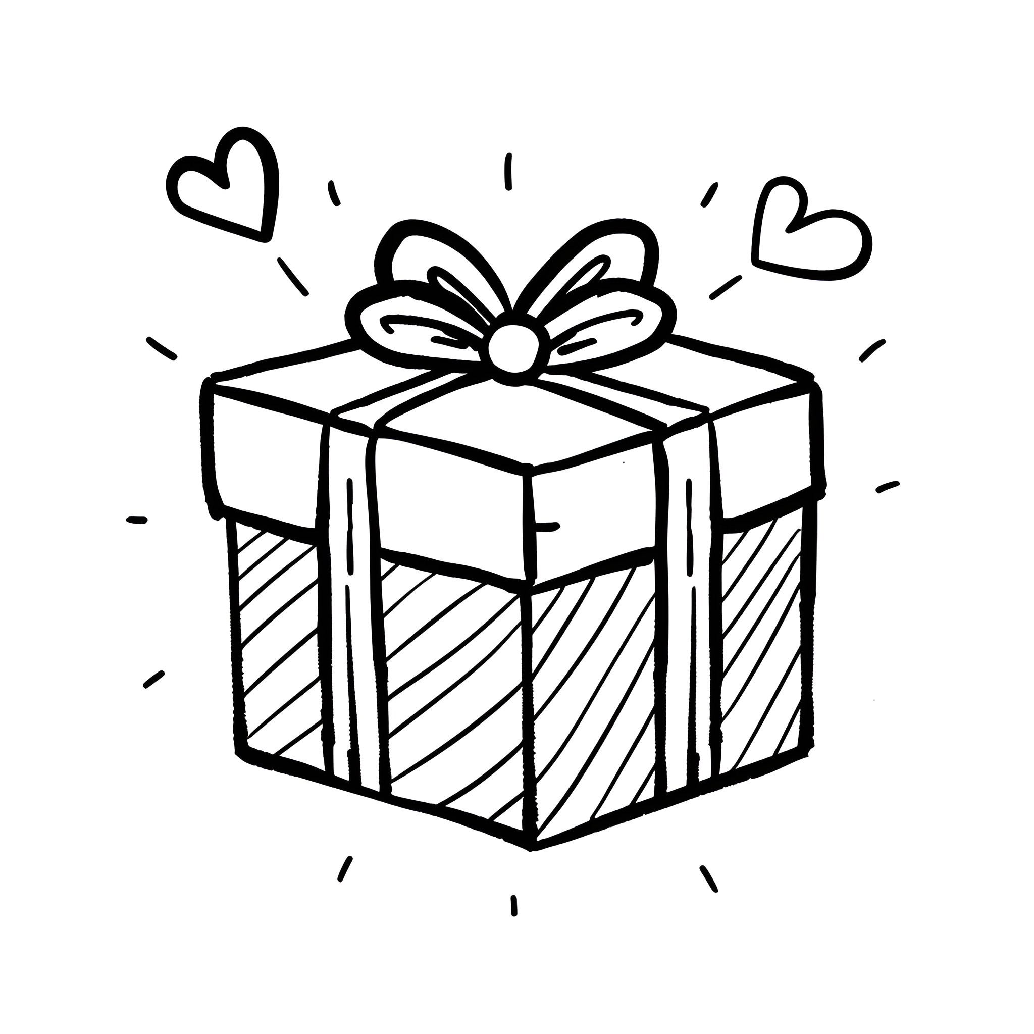 Valentine's Day wrapped gift box with hearts Drawing Idea (free black-and-white line drawing printable PDF for all, from beginners to advanced learners, including children, teens, adults, and seniors)