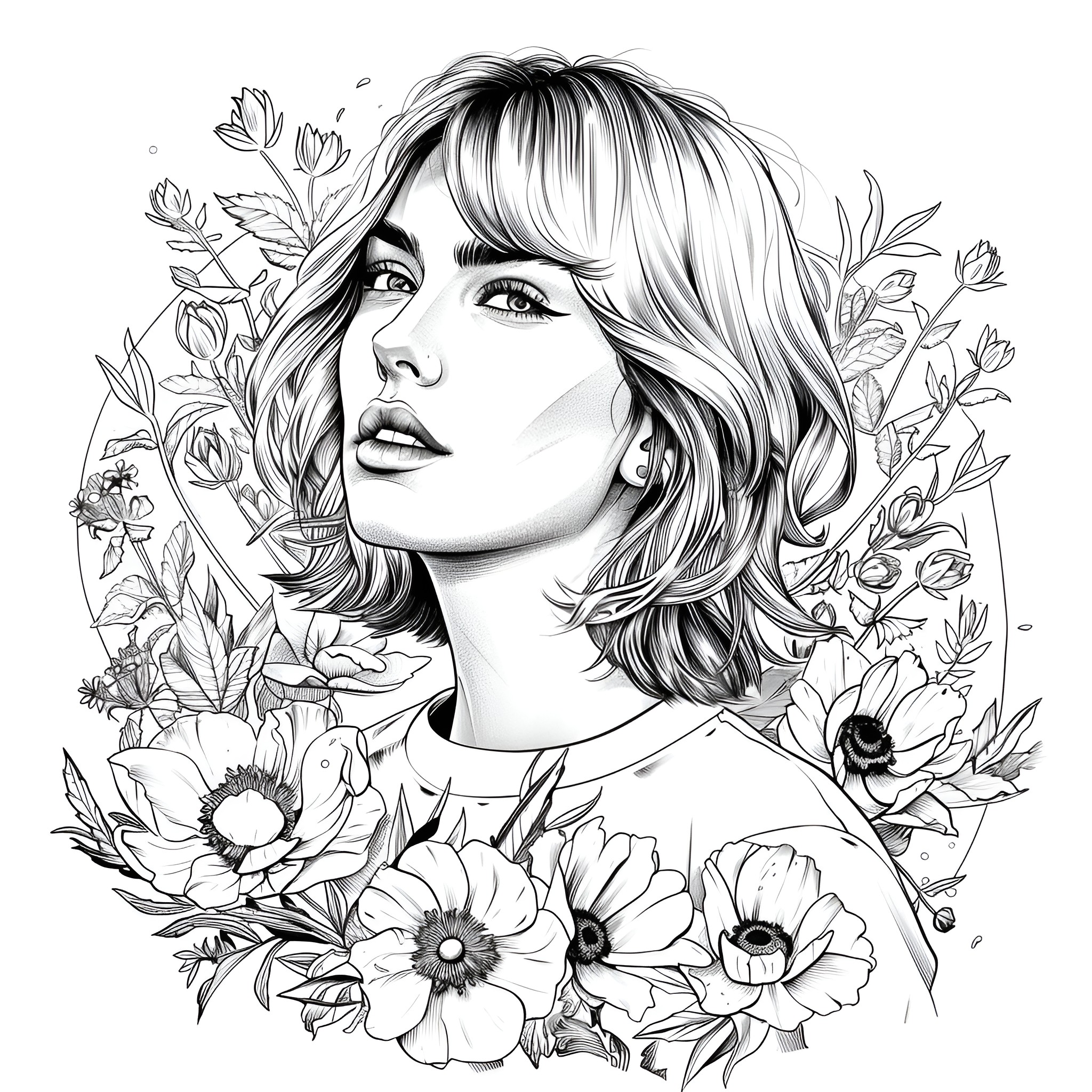 Taylor Swift surrounded by blooming floral artwork Drawing Idea (free black-and-white line drawing printable PDF for all, from beginners to advanced learners, including children, teens, adults, and seniors)