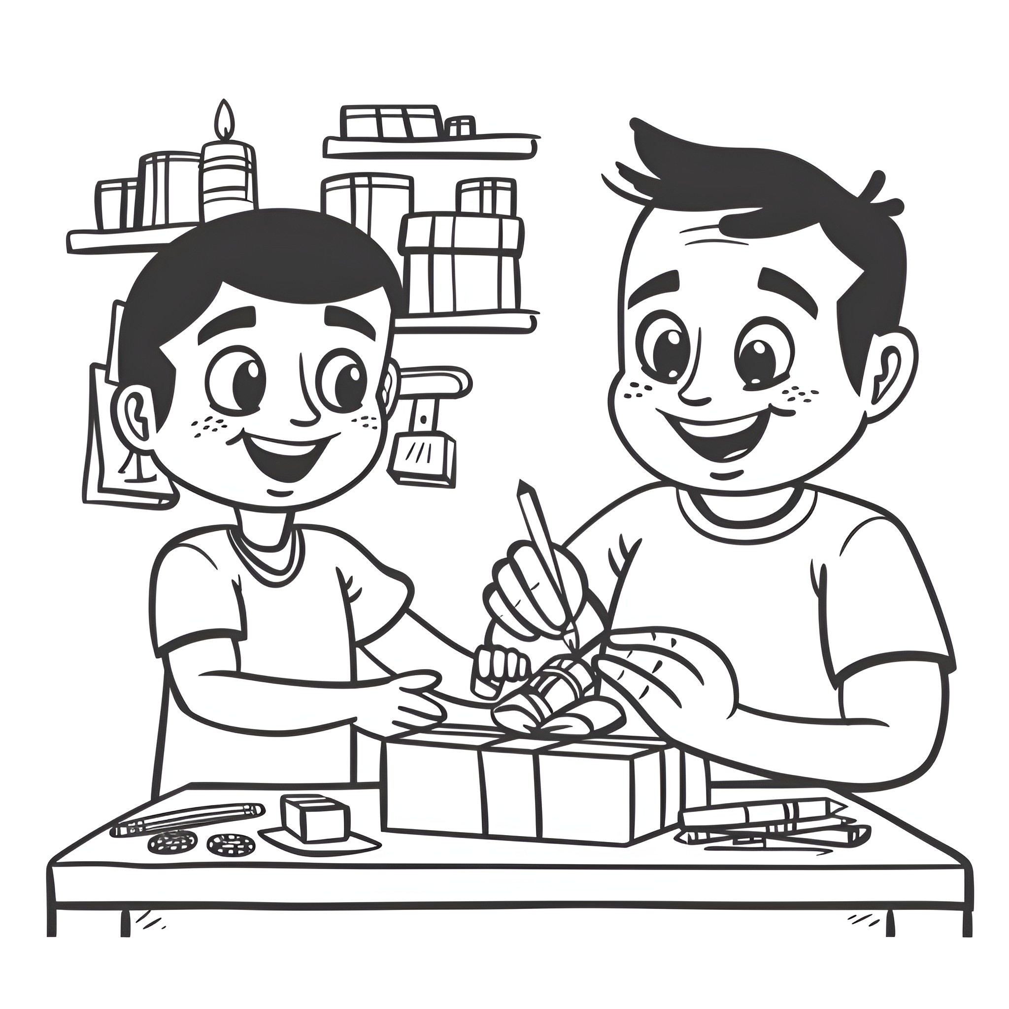 Father's Day gift wrapping with sons Drawing Idea (free black-and-white line drawing printable PDF for all, from beginners to advanced learners, including children, teens, adults, and seniors)