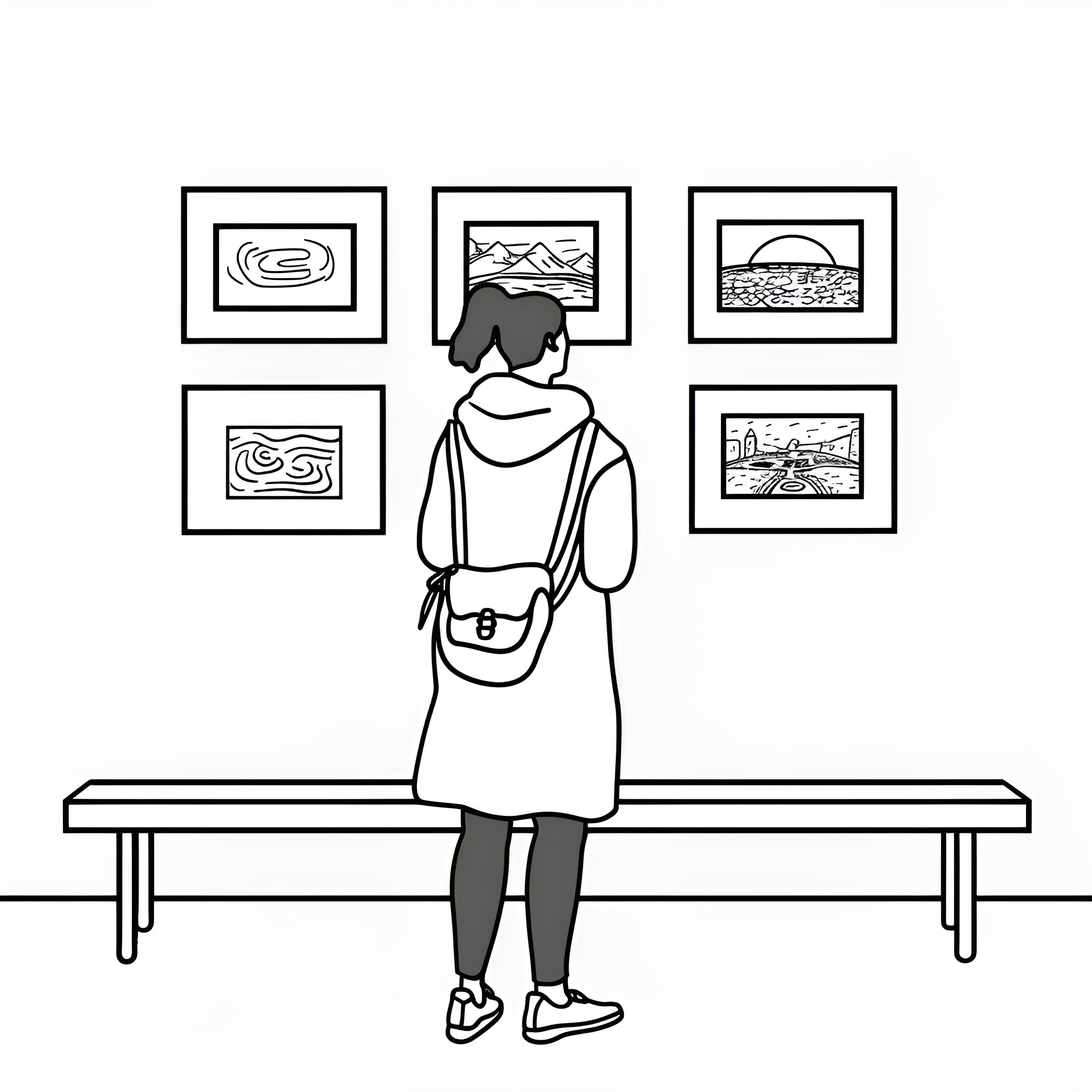 Adult examining artwork in gallery Drawing Idea (free black-and-white line drawing printable PDF for all, from beginners to advanced learners, including children, teens, adults, and seniors)