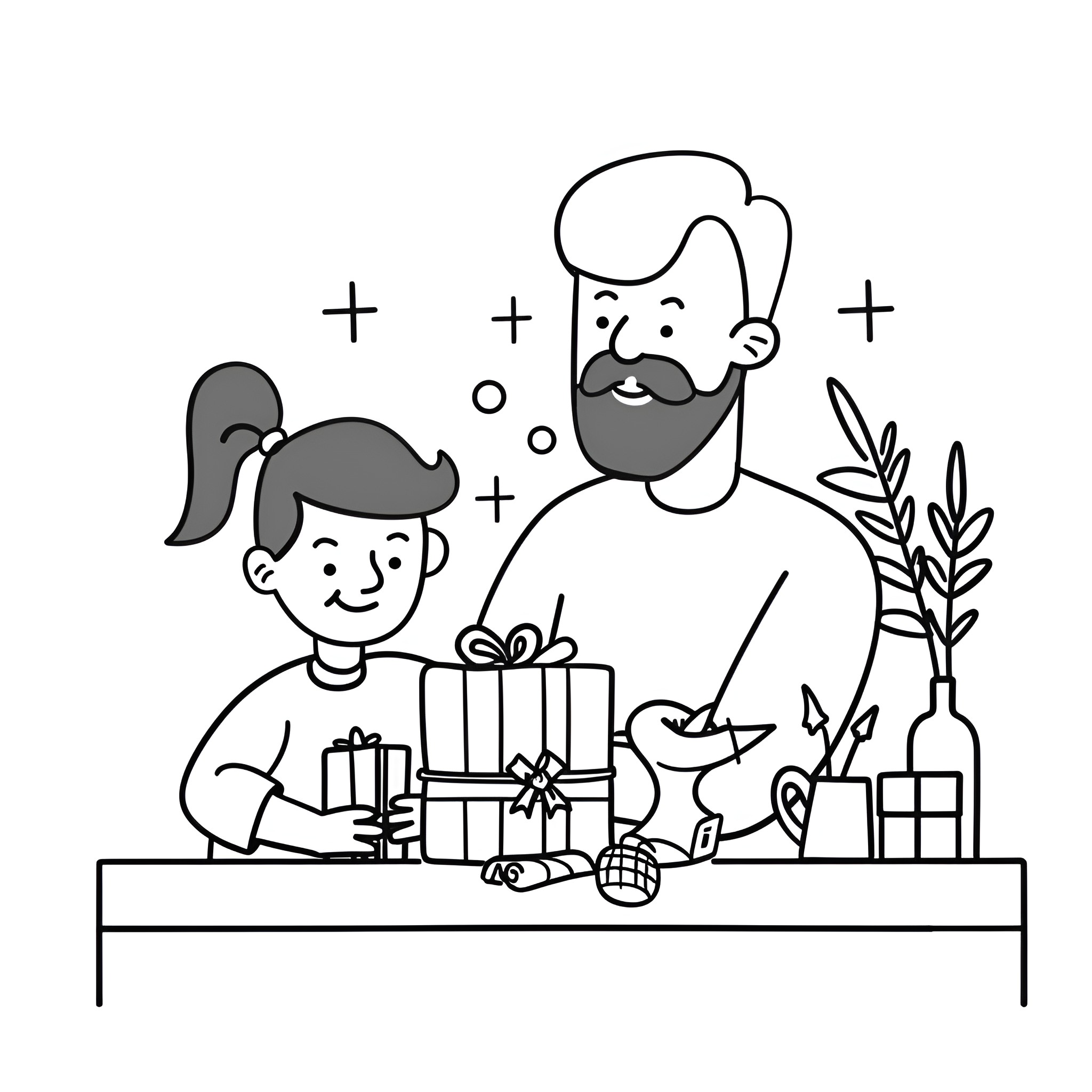 Father's Day gift-giving scene Drawing Idea (free black-and-white line drawing printable PDF for all, from beginners to advanced learners, including children, teens, adults, and seniors)