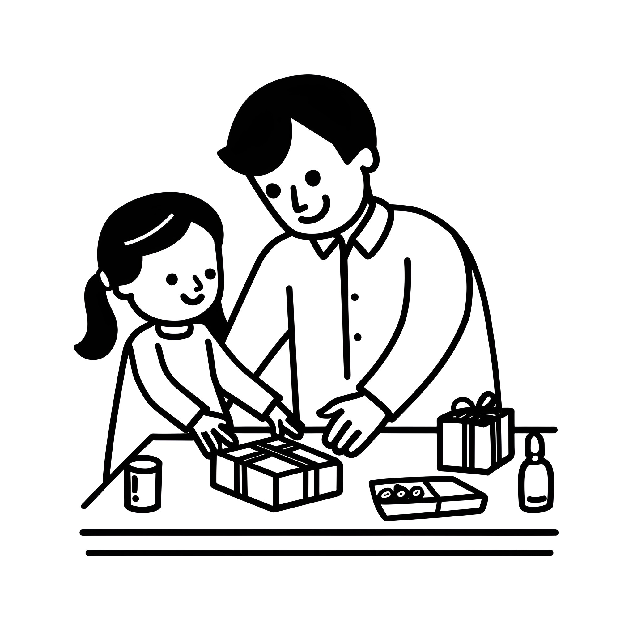 Father's Day spent gift wrapping together Drawing Idea (free black-and-white line drawing printable PDF for all, from beginners to advanced learners, including children, teens, adults, and seniors)