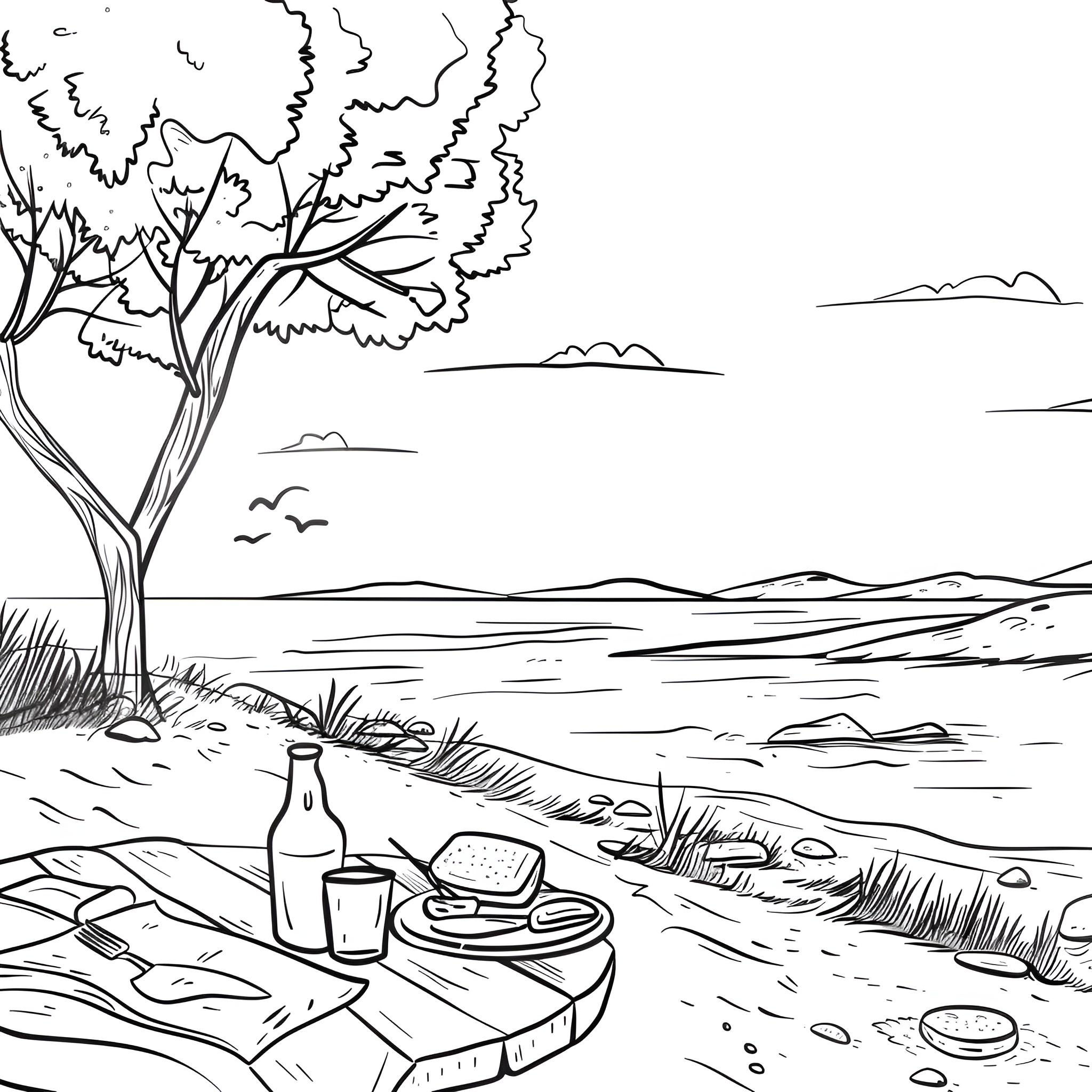 Landscape with peaceful picnic scene Drawing Idea (free black-and-white line drawing printable PDF for all, from beginners to advanced learners, including children, teens, adults, and seniors)