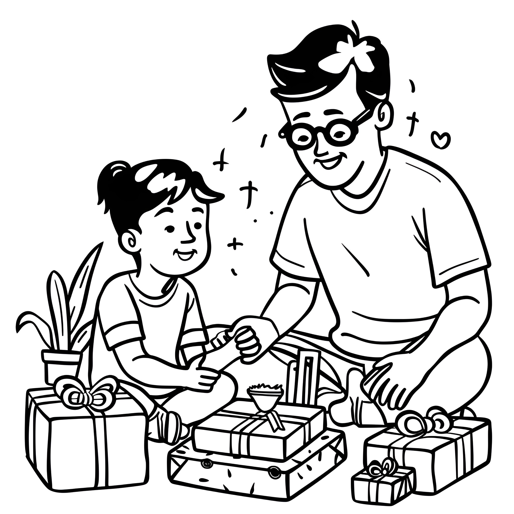 Father's Day gift-giving celebration Drawing Idea (free black-and-white line drawing printable PDF for all, from beginners to advanced learners, including children, teens, adults, and seniors)
