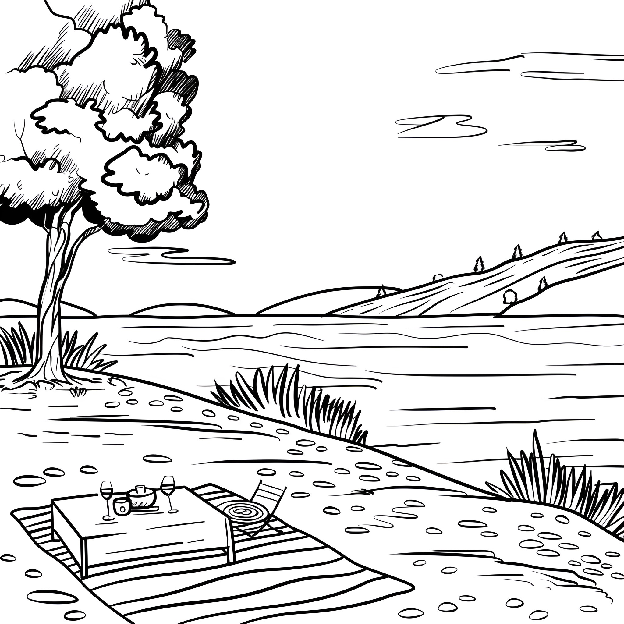 Landscape with Wooden Dock and Relaxation Spot Drawing Idea (free black-and-white line drawing printable PDF for all, from beginners to advanced learners, including children, teens, adults, and seniors)