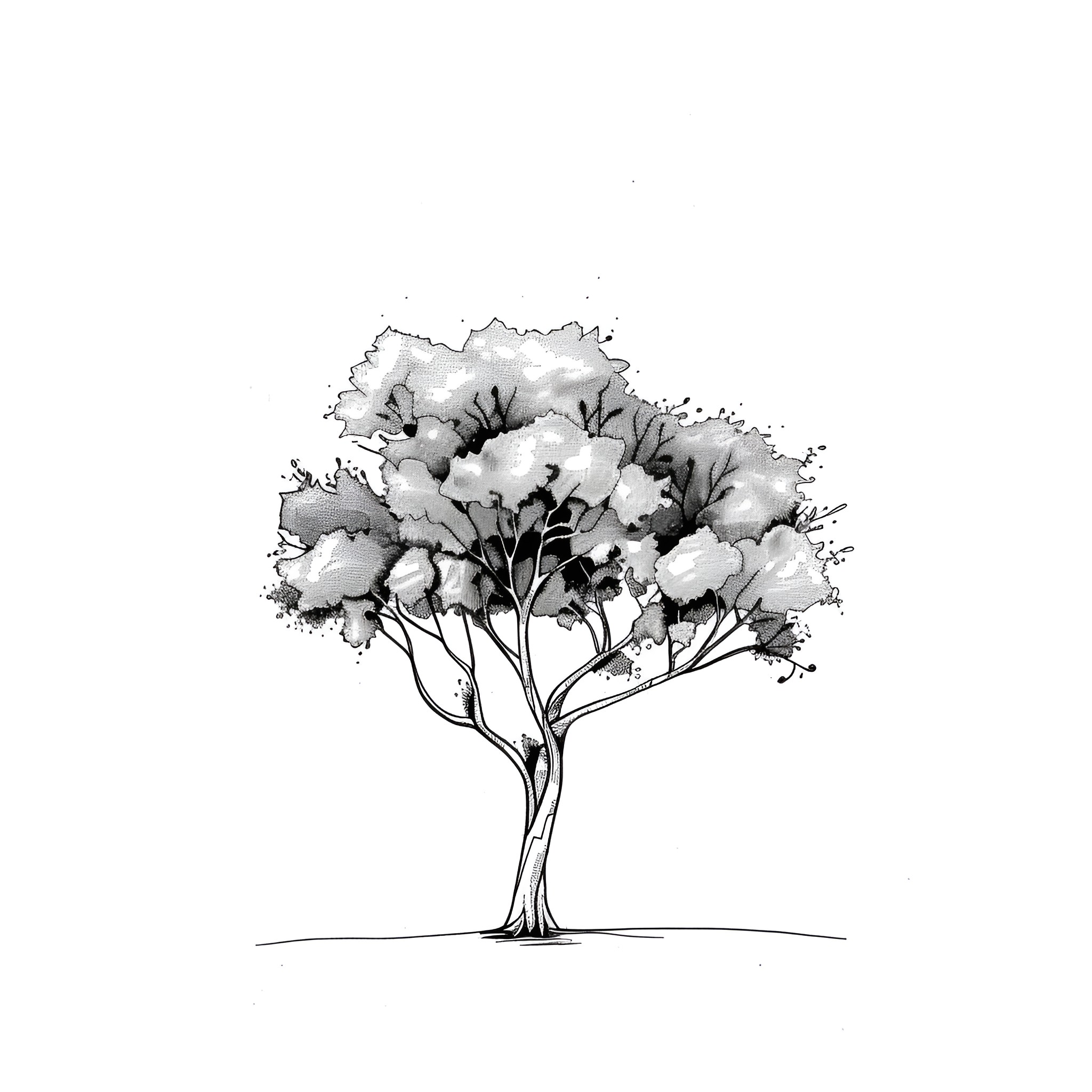 Tattoo Sketch of Blooming Tree Drawing Idea (free black-and-white line drawing printable PDF for all, from beginners to advanced learners, including children, teens, adults, and seniors)