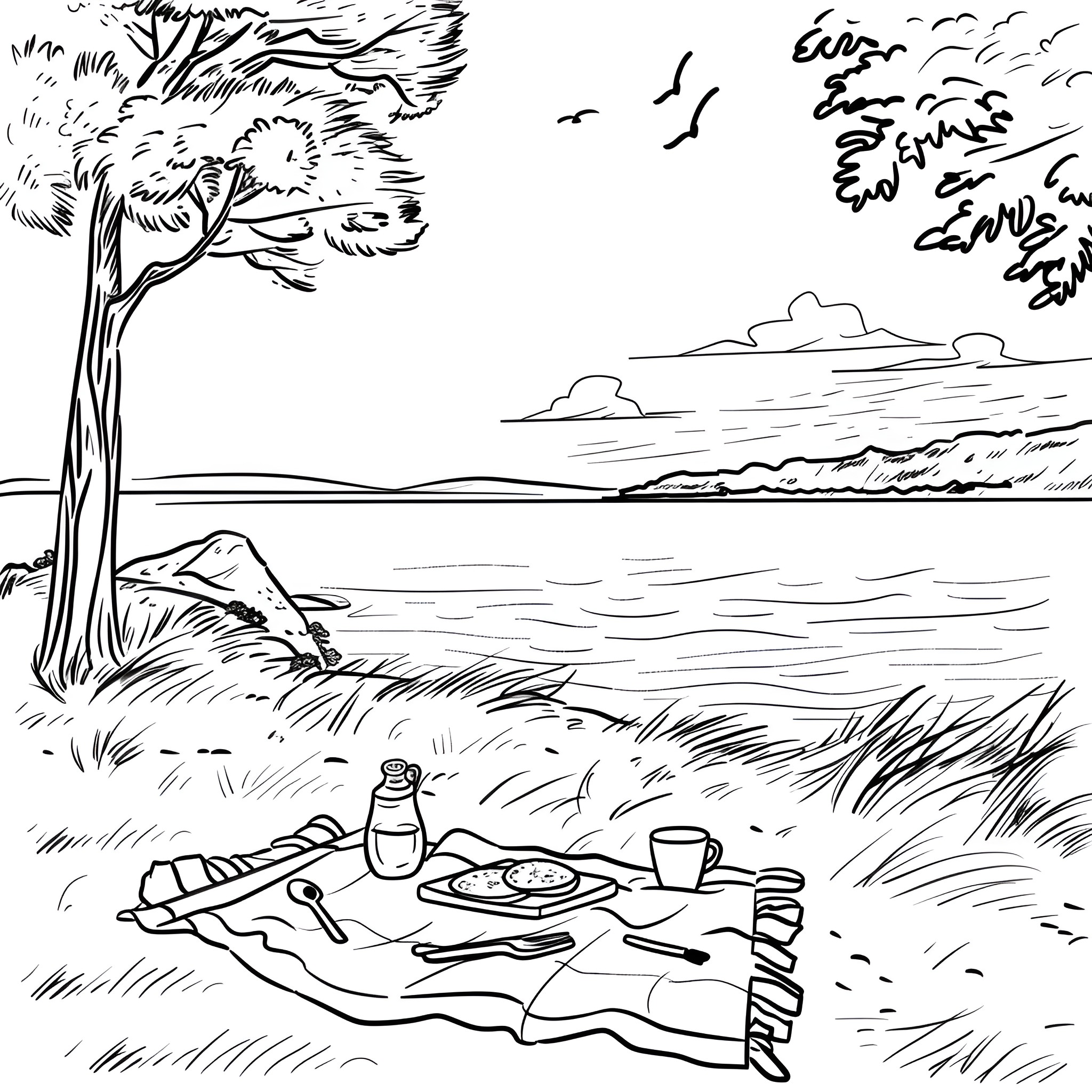 Landscape with picnic setting Drawing Idea (free black-and-white line drawing printable PDF for all, from beginners to advanced learners, including children, teens, adults, and seniors)