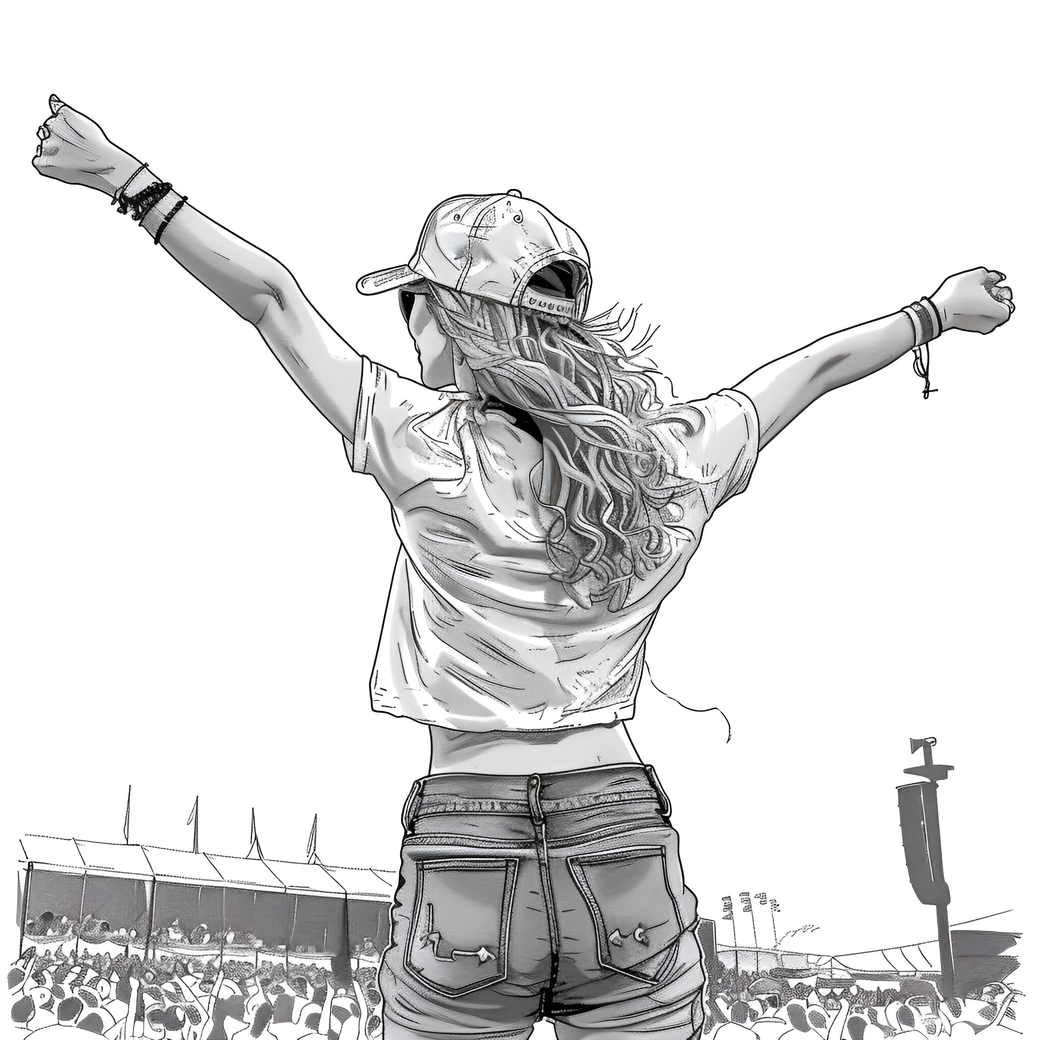 Taylor Swift energizing the crowd with her performance Drawing Idea (free black-and-white line drawing printable PDF for all, from beginners to advanced learners, including children, teens, adults, and seniors)