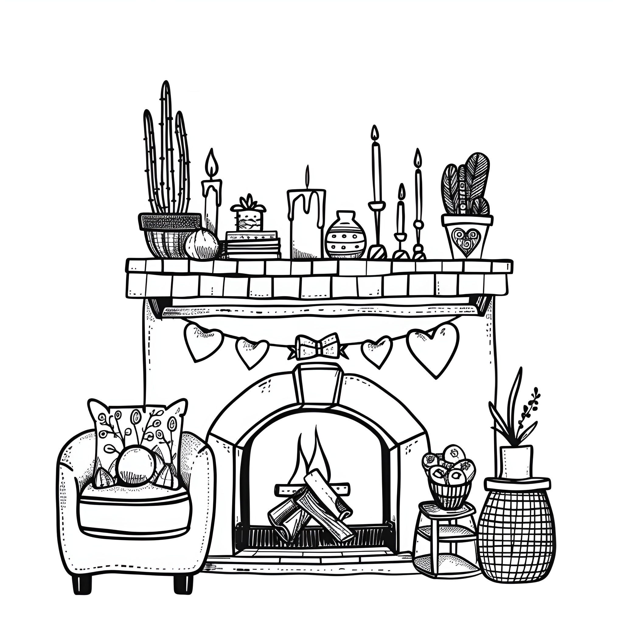Valentine's Day cozy fireplace scene Drawing Idea (free black-and-white line drawing printable PDF for all, from beginners to advanced learners, including children, teens, adults, and seniors)