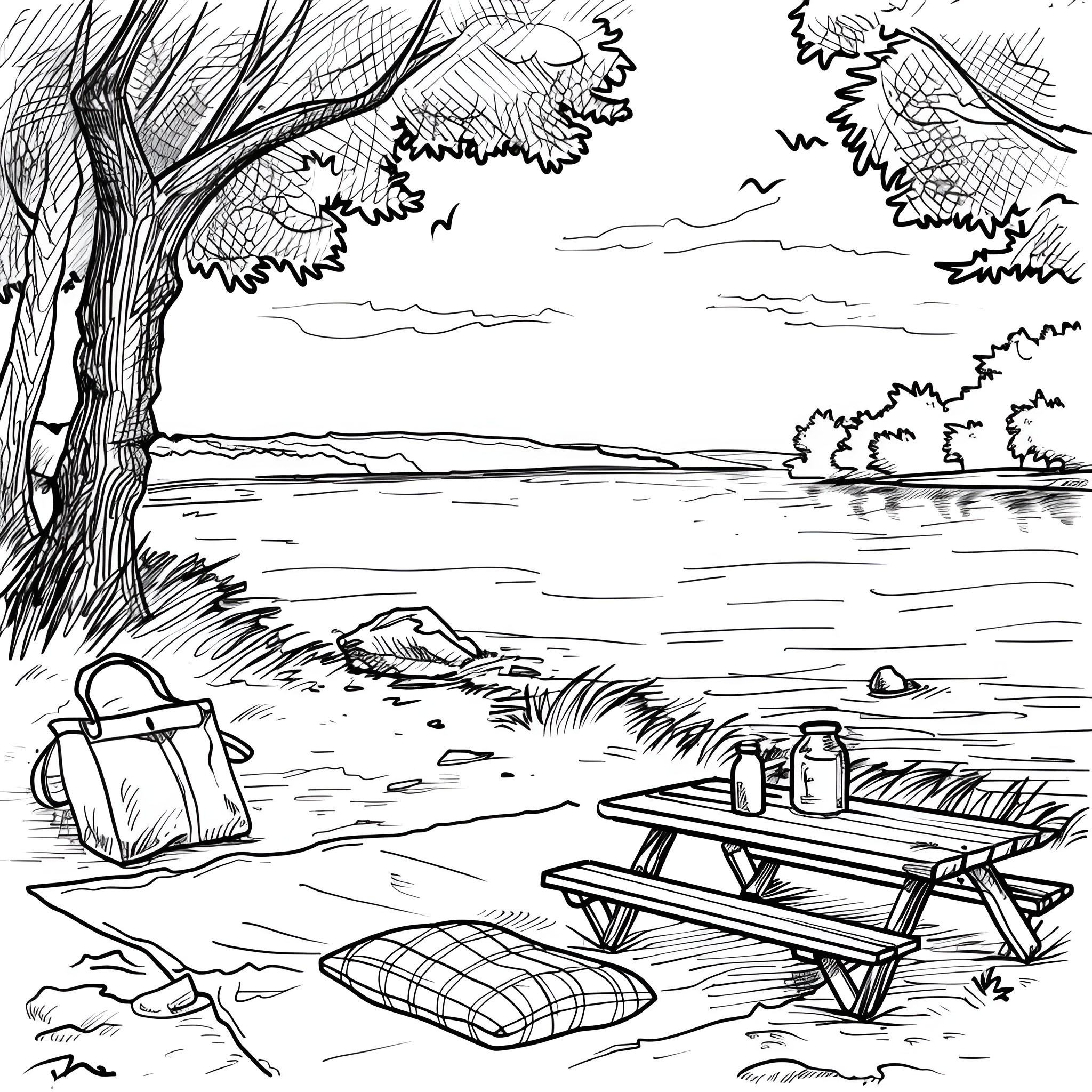Landscape with Picnic Scene Drawing Idea (free black-and-white line drawing printable PDF for all, from beginners to advanced learners, including children, teens, adults, and seniors)