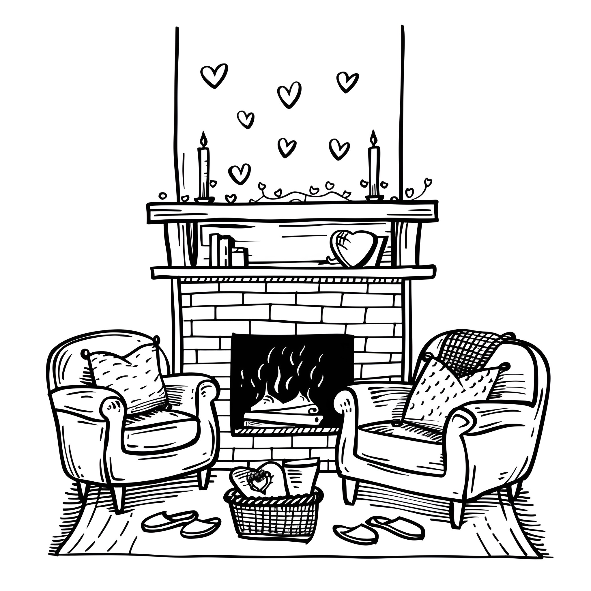 Valentine's Day cozy fireplace scene Drawing Idea (free black-and-white line drawing printable PDF for all, from beginners to advanced learners, including children, teens, adults, and seniors)