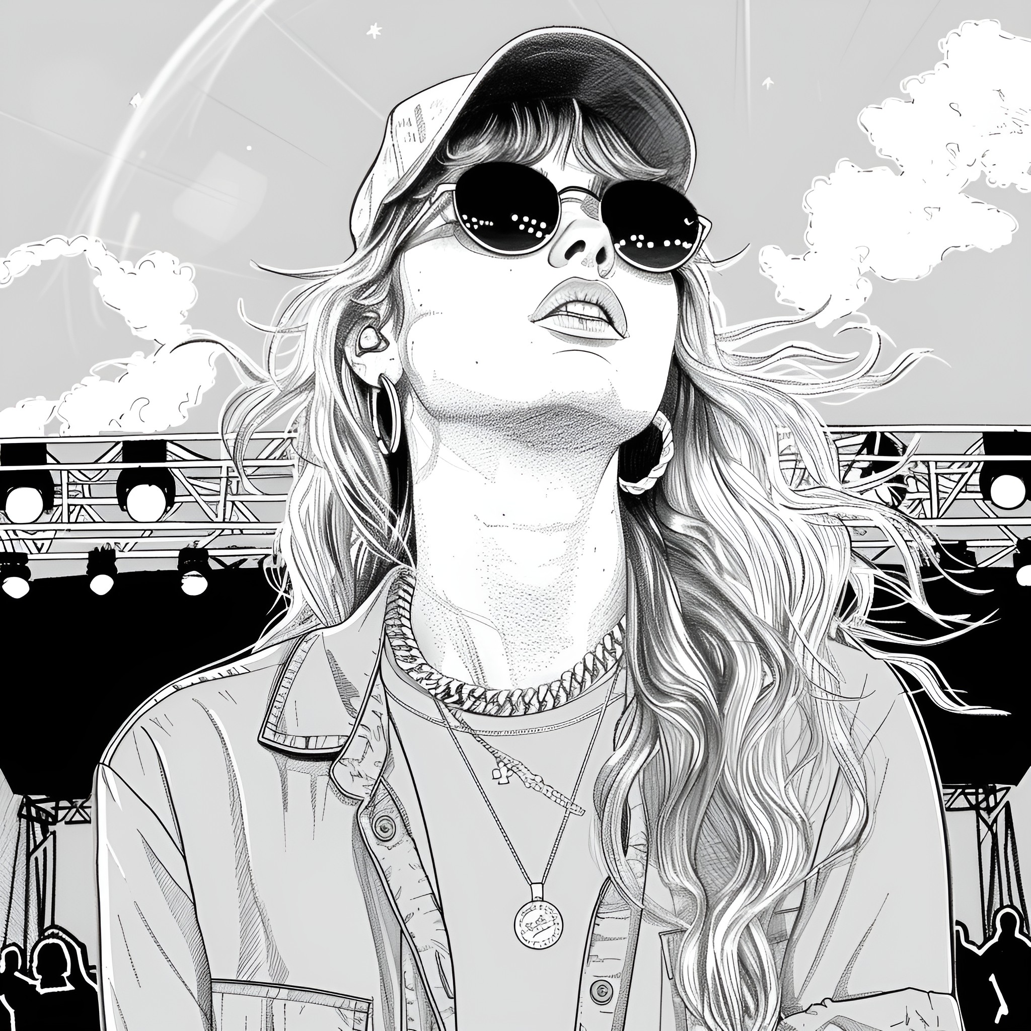 Taylor Swift posing stylishly on stage Drawing Idea (free black-and-white line drawing printable PDF for all, from beginners to advanced learners, including children, teens, adults, and seniors)