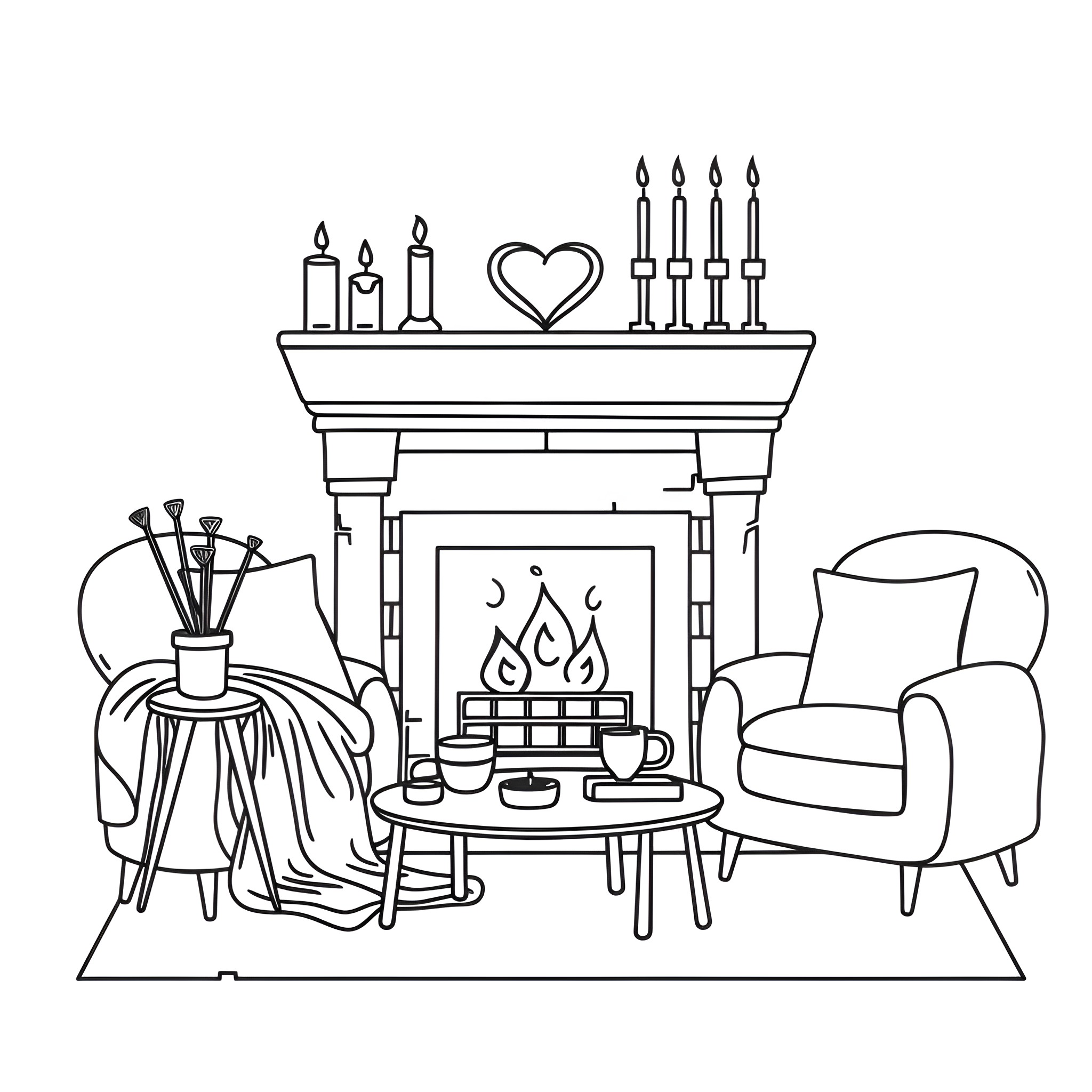 Valentine's Day romantic fireplace scene Drawing Idea (free black-and-white line drawing printable PDF for all, from beginners to advanced learners, including children, teens, adults, and seniors)