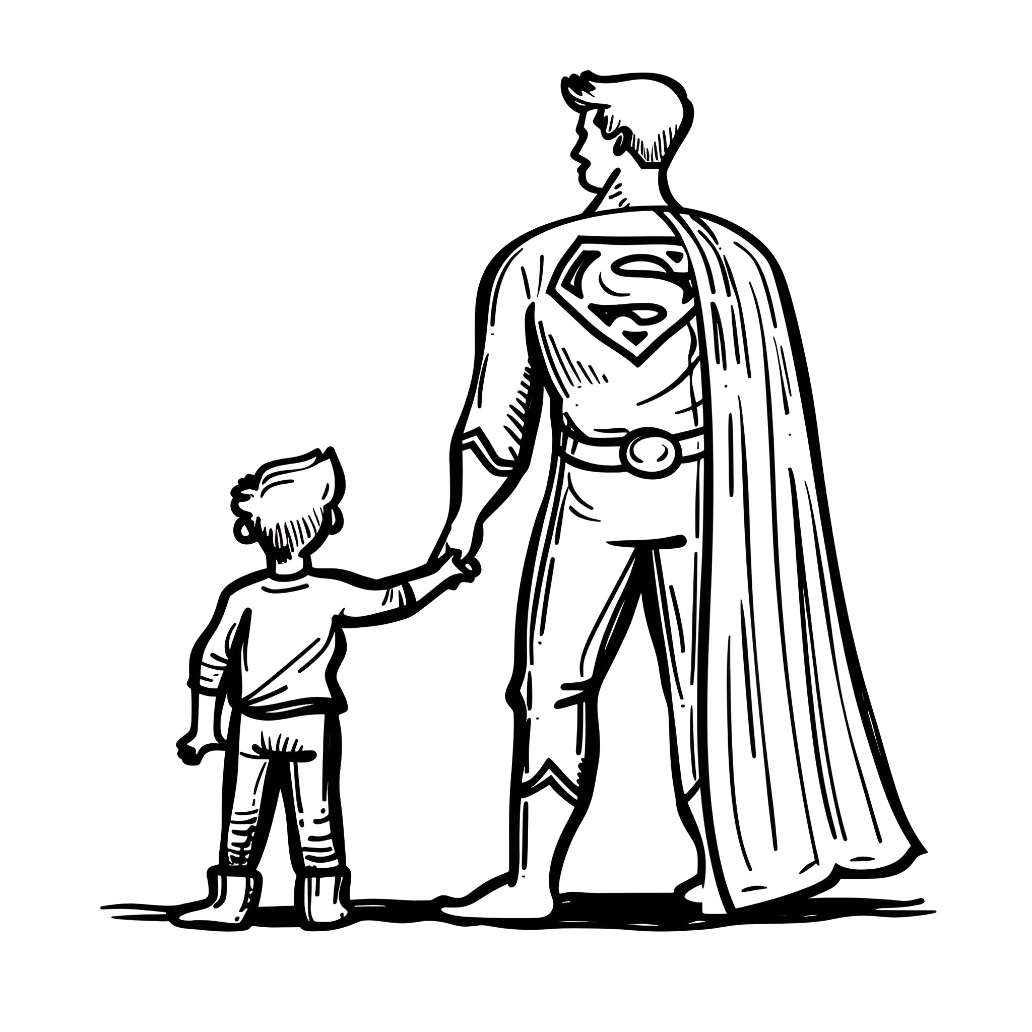 Father's Day superhero bonding Drawing Idea (free black-and-white line drawing printable PDF for all, from beginners to advanced learners, including children, teens, adults, and seniors)