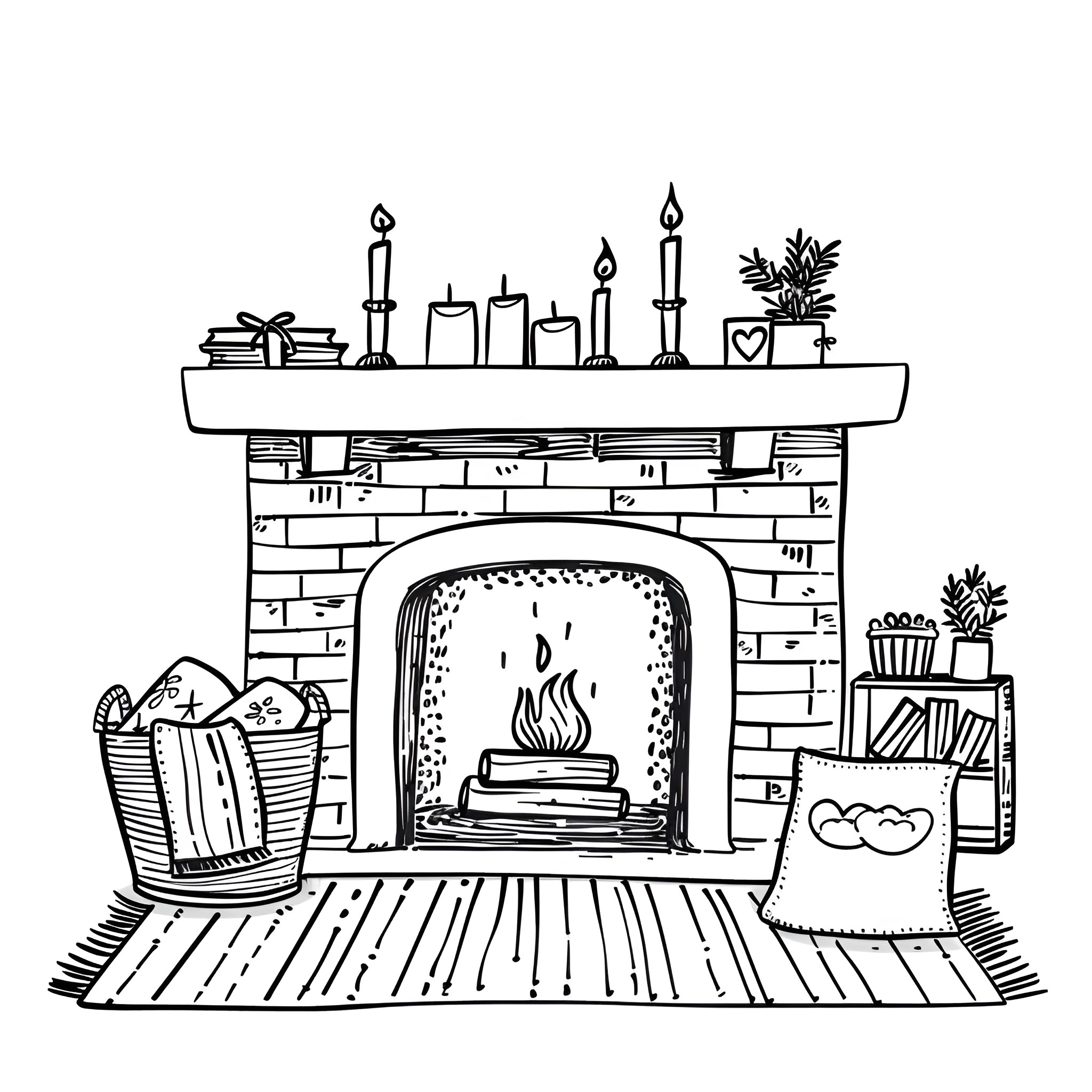 Valentine's Day Cozy Fireplace Scene Drawing Idea (free black-and-white line drawing printable PDF for all, from beginners to advanced learners, including children, teens, adults, and seniors)