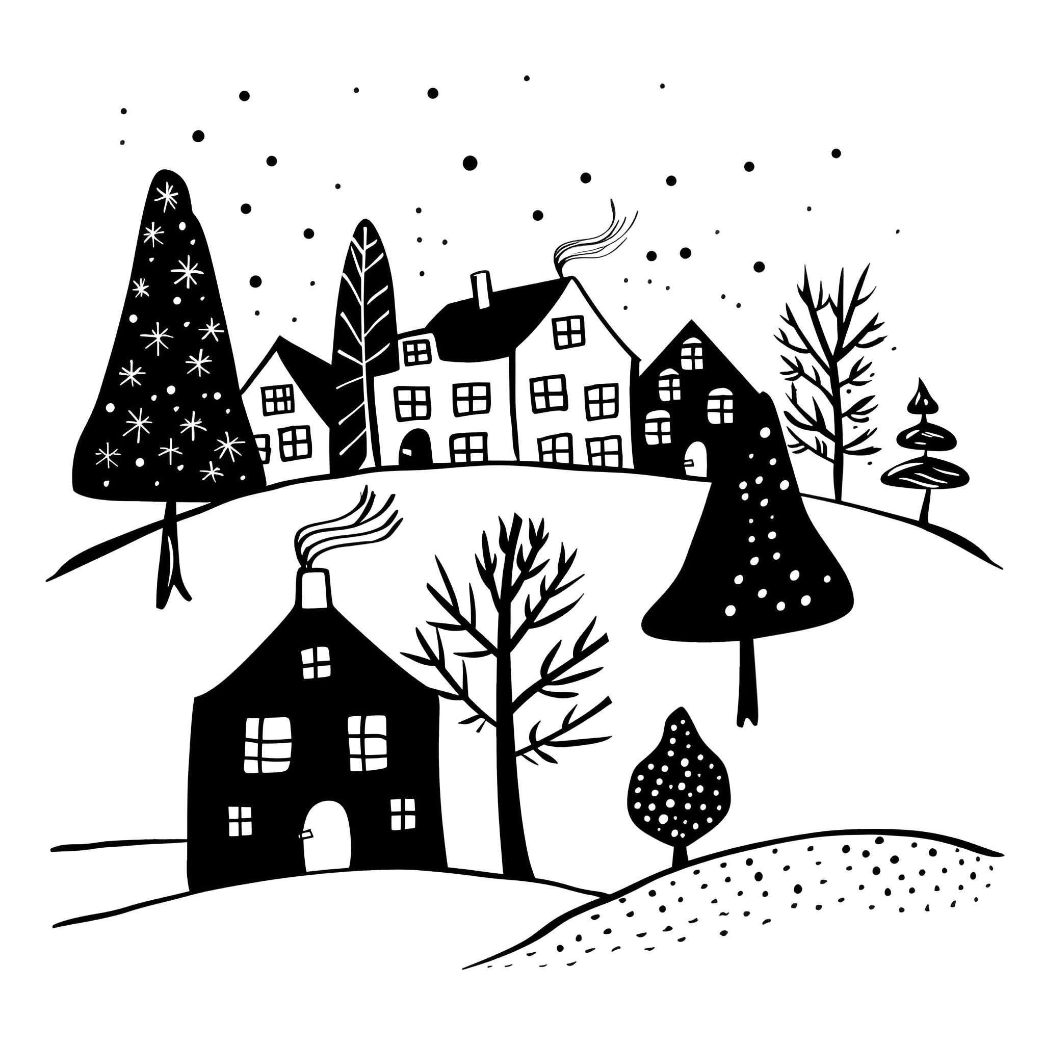 Landscape of winter homes and trees Drawing Idea (free black-and-white line drawing printable PDF for all, from beginners to advanced learners, including children, teens, adults, and seniors)