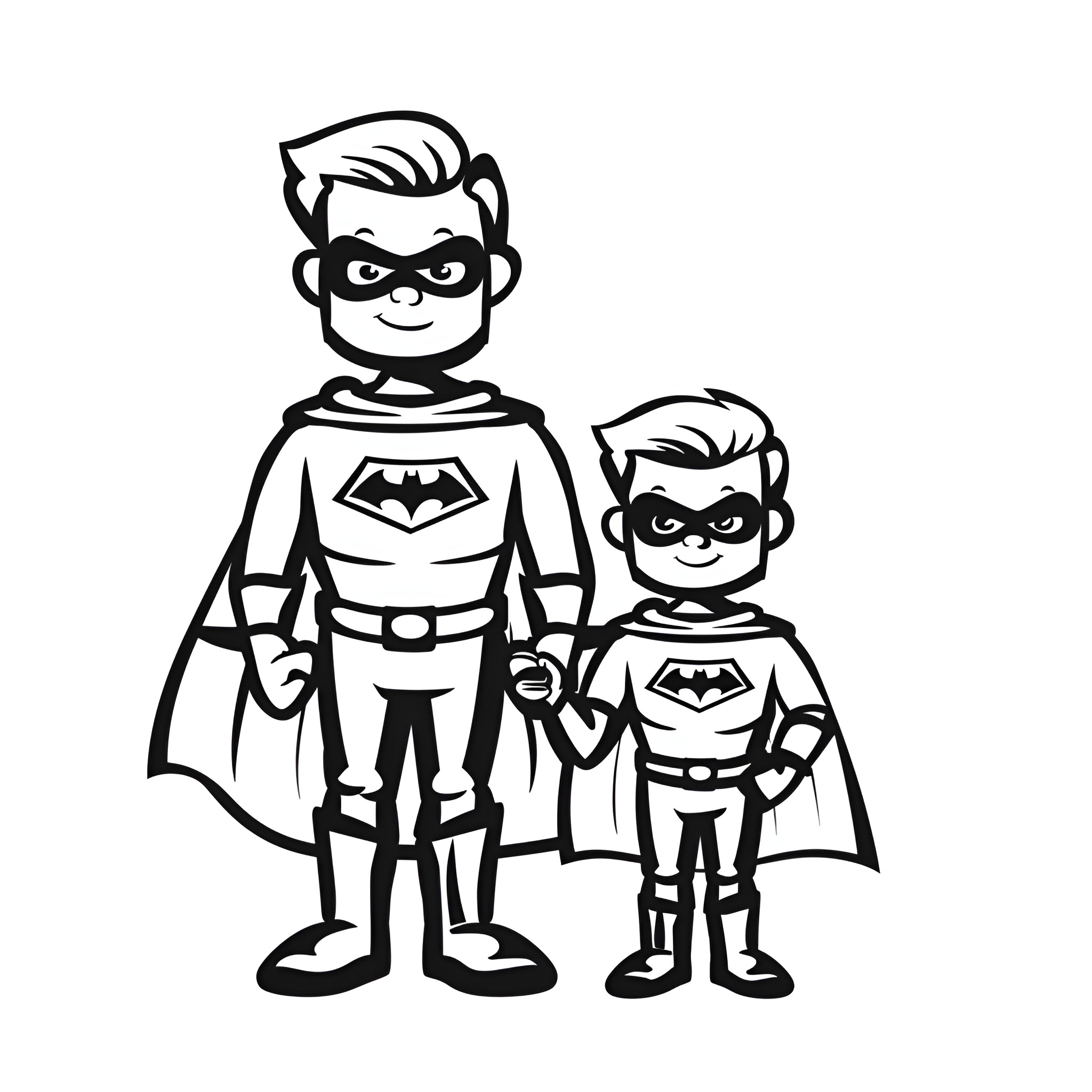 Father's Day superhero duo Drawing Idea (free black-and-white line drawing printable PDF for all, from beginners to advanced learners, including children, teens, adults, and seniors)