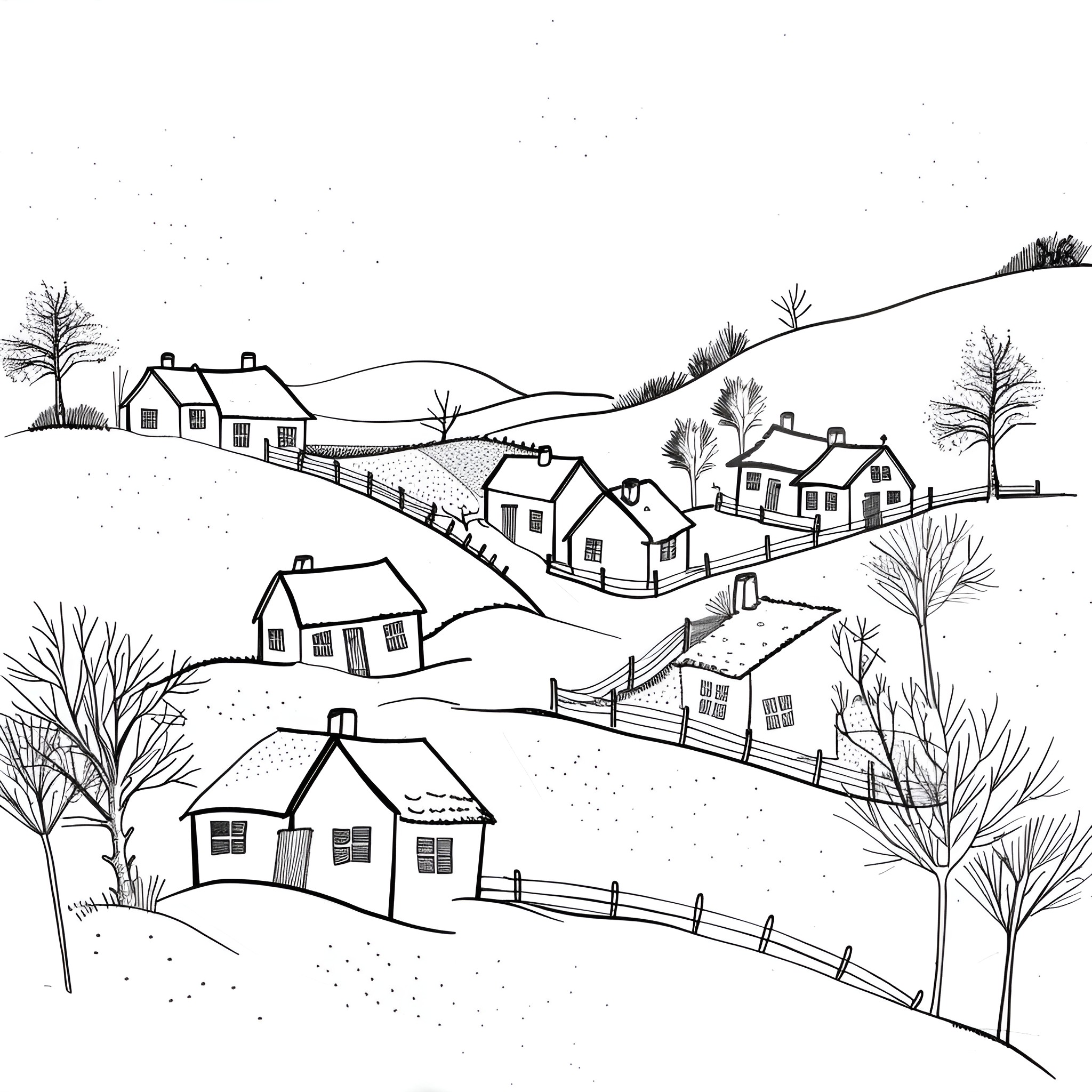 Landscape with rural houses and fences Drawing Idea (free black-and-white line drawing printable PDF for all, from beginners to advanced learners, including children, teens, adults, and seniors)